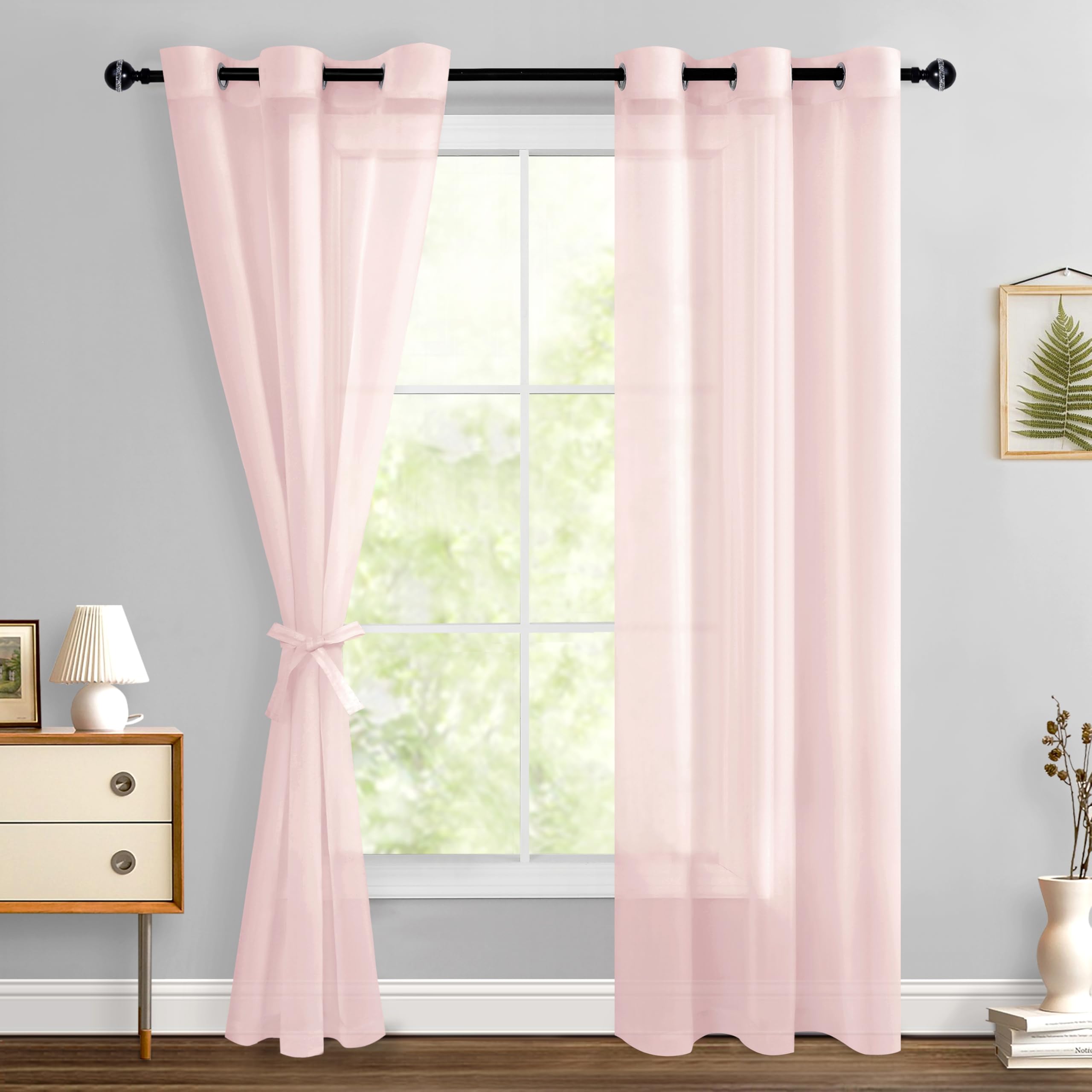 Hiasan Sheer Curtains for Bedroom with Tiebacks, Light Filtering Breathable Voile Drapes Lightweight Grommet Window Curtains for Living Room, Sliding