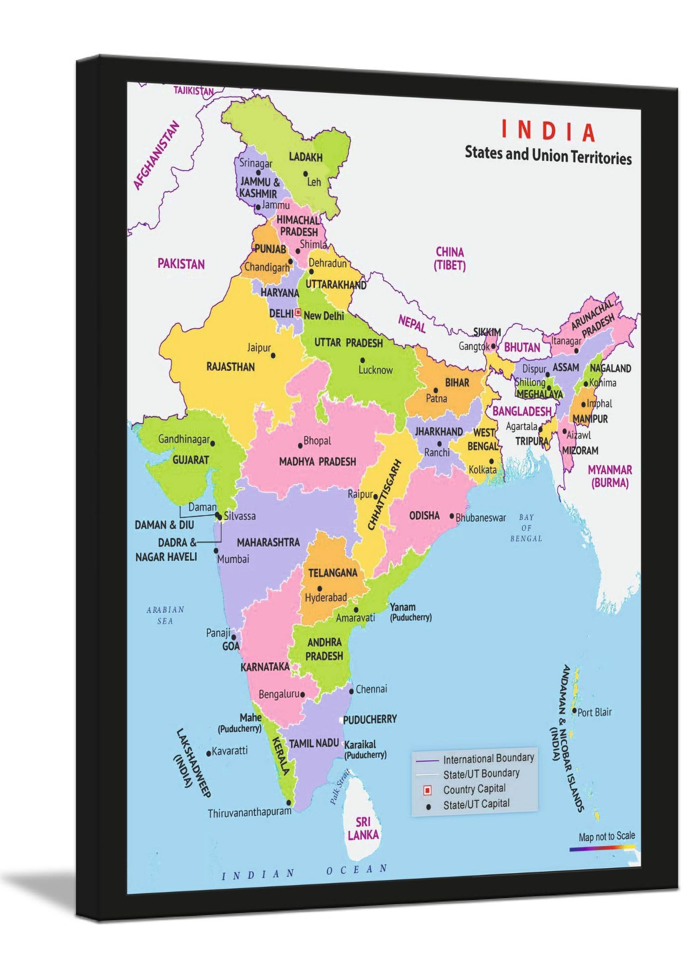 Allen Turtle India Map all capital state wall decor 12x18 Inches Framed Poster FRAM45 Wood;Paper