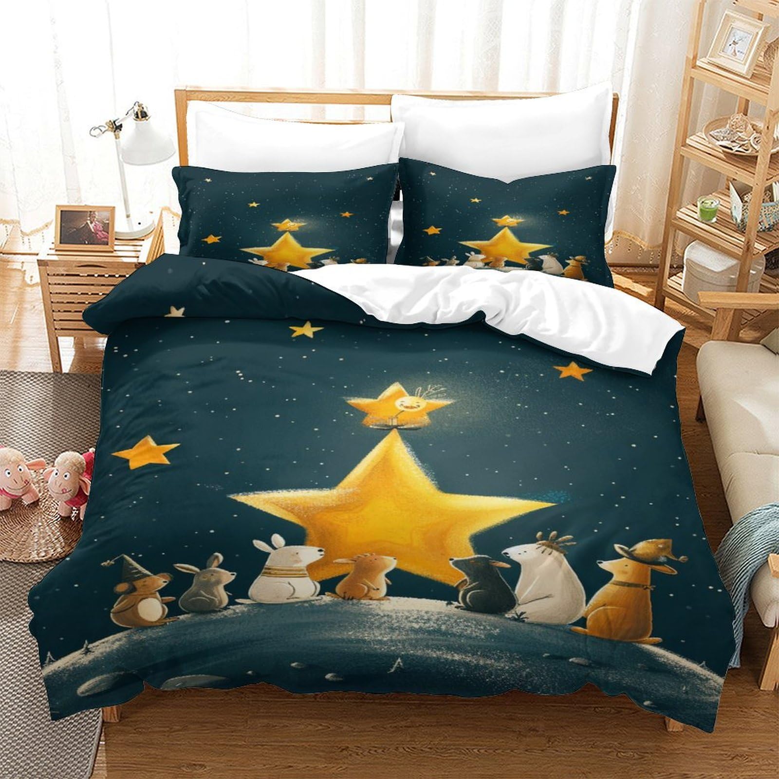 Estrellas y Animales Juego De Funda Nordica Y Fundas De Almohada De Microfibra Suave con Diseño 3D Dibujos Animados Y Cierre De Cremallera para Ninos Ninas Adultos Y Ninos King（220x240cm）