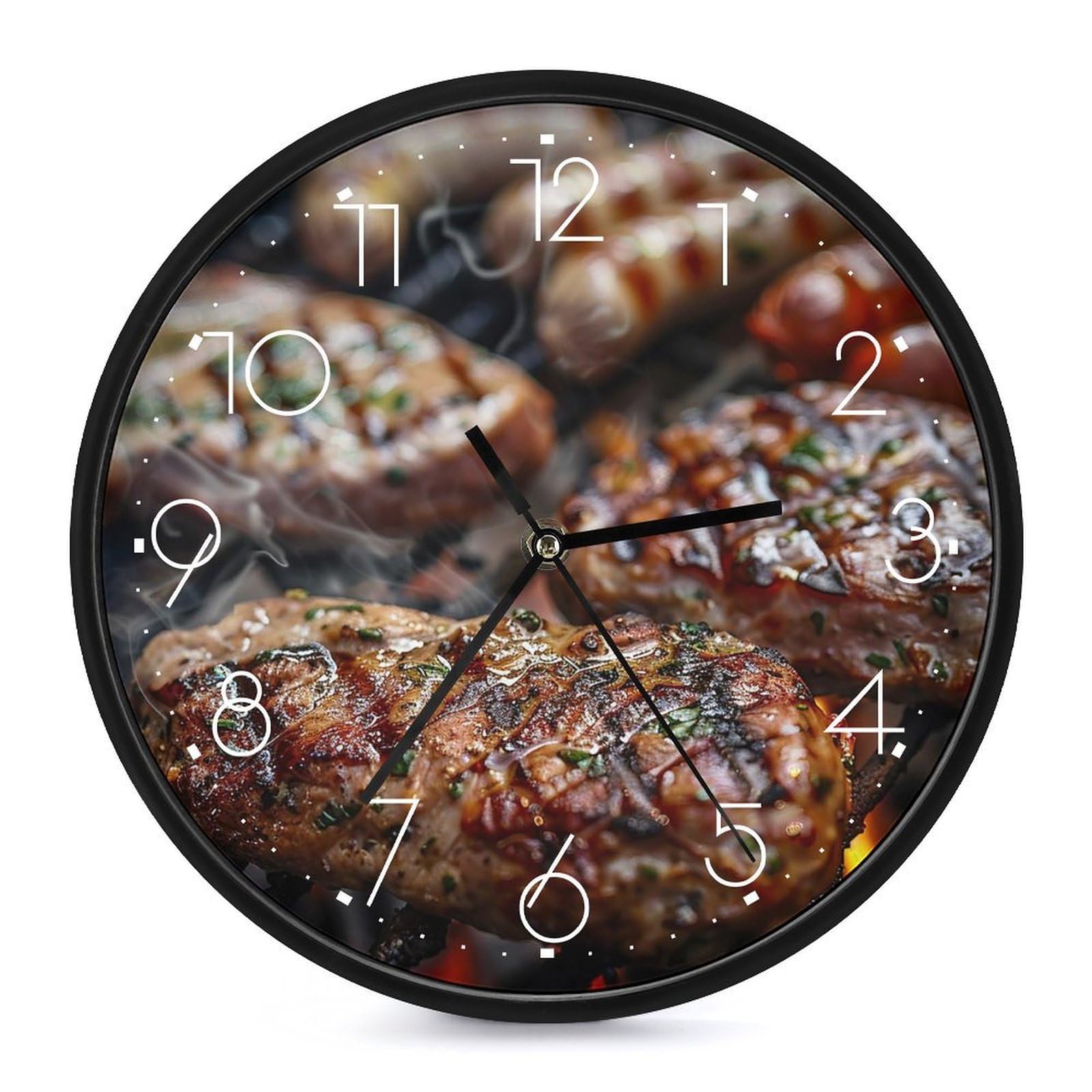 XOPEKVLAWM Wall Clock 10 Inch Non-Ticking Silent Modern Simple Style Round Decor Clocks Sausages And Steaks Clock Decorative Battery Operated Wall Clocks for Home Office Living Room Bedroom Kitchen