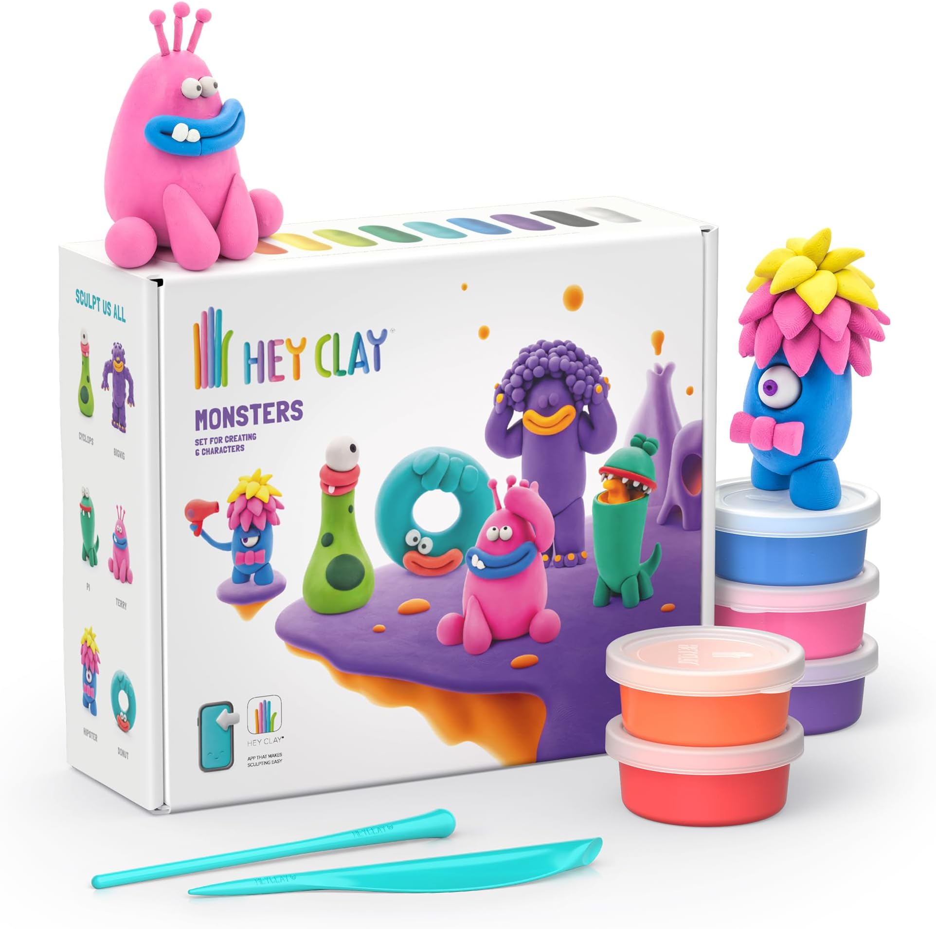HEY CLAY - Monsters Set-Colourful Modeling Kids-Air Dry Clay Kit 15 cans and Sculpting Tools with Fun Interactive Instructions App, Multicoloured