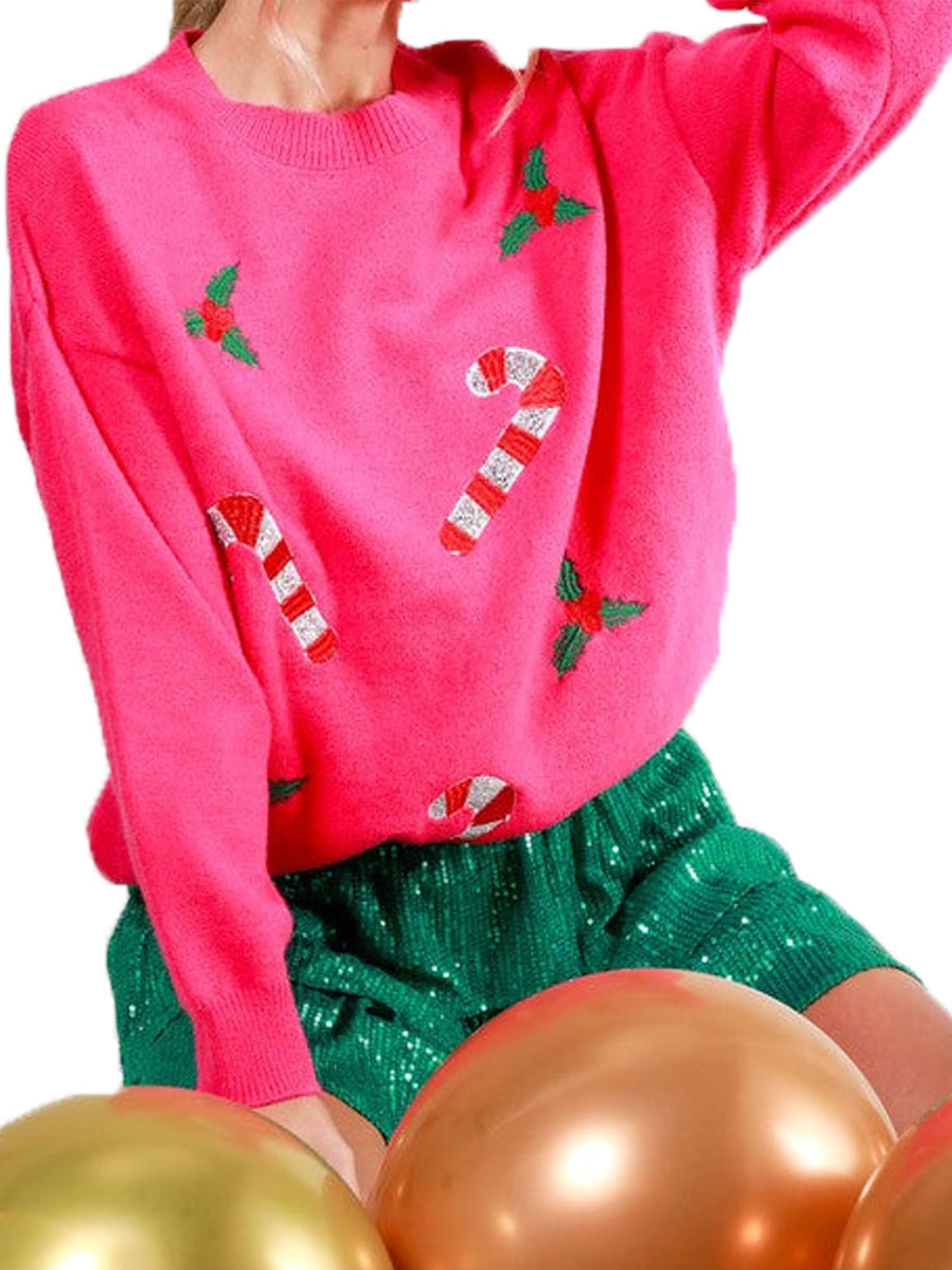 Women Christmas Sweaters Candy Cane Graphic Crew Neck Long Sleeve Pullovers Casual Holiday Knit Tops Streetwear