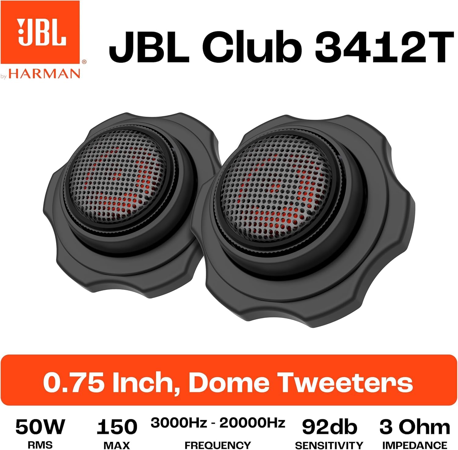 JBL SPKCB3412T | 50 W RMS / 150 W max, 92 dB, 3 Ohm, 3 kHz-20 kHz - dôme soie edge-driven - filtre inline inclus - paire de tweeters
