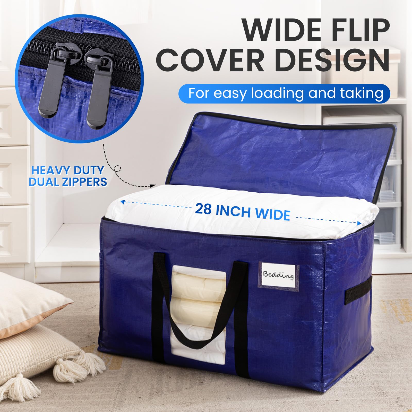 TAILI Moving Bags Extra Large,Clear Window & Reinforced Handles,Heavy Duty Storage Bags with Zips for Clothes,Beddings,Duvets,Moving,Camping,Travel,Loft Storage(4 Pack Deep blue) - Image 3