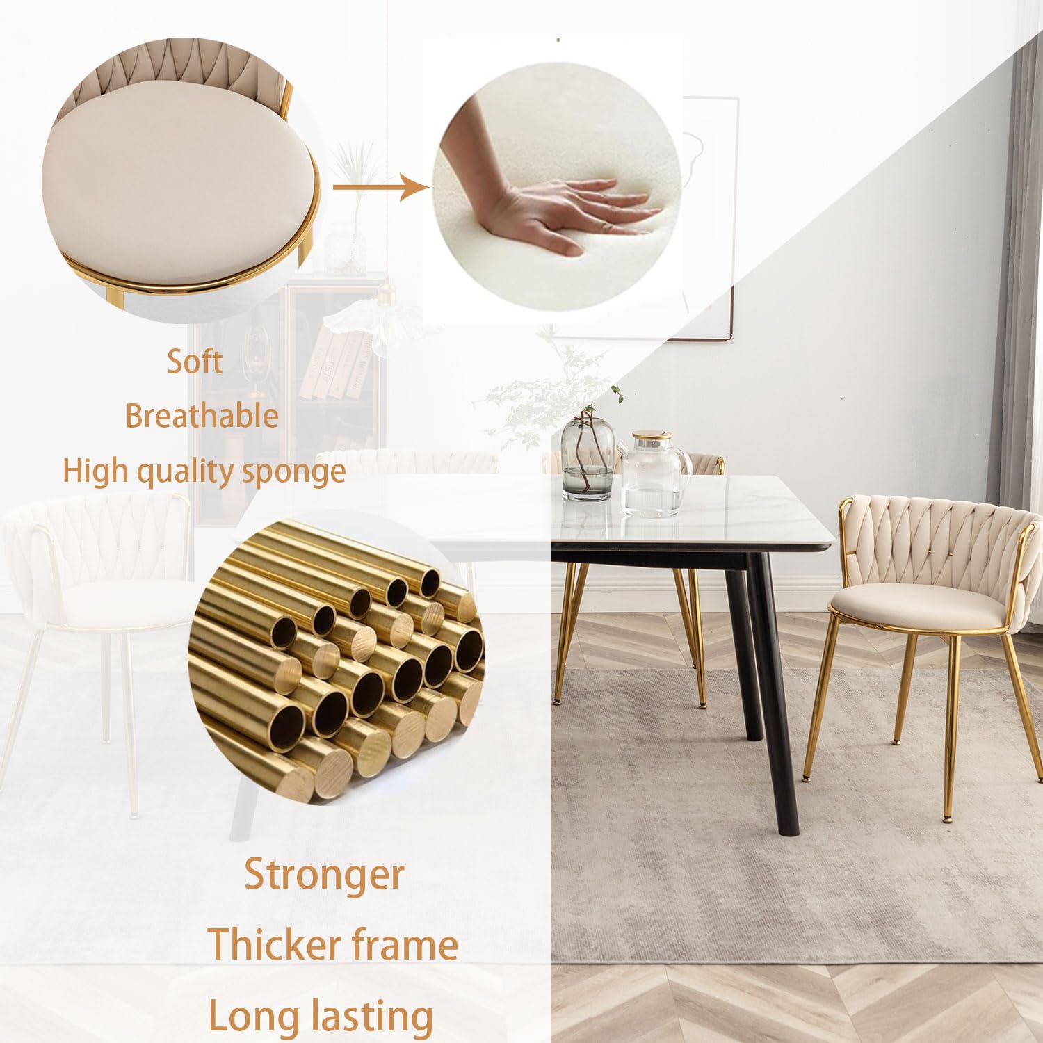 Juego De 6 Sillas De Comedor De Terciopelo Beige, Con Patas De Metal Plateado - Para Salón, Comedor O Dormitorio