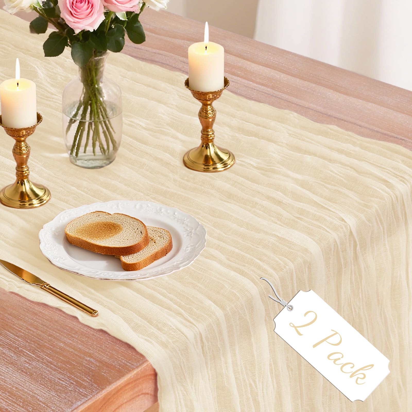 View 1 of 2 Pack Cheesecloth Table Runner, 120 Inch Beige Table Runner for Decor