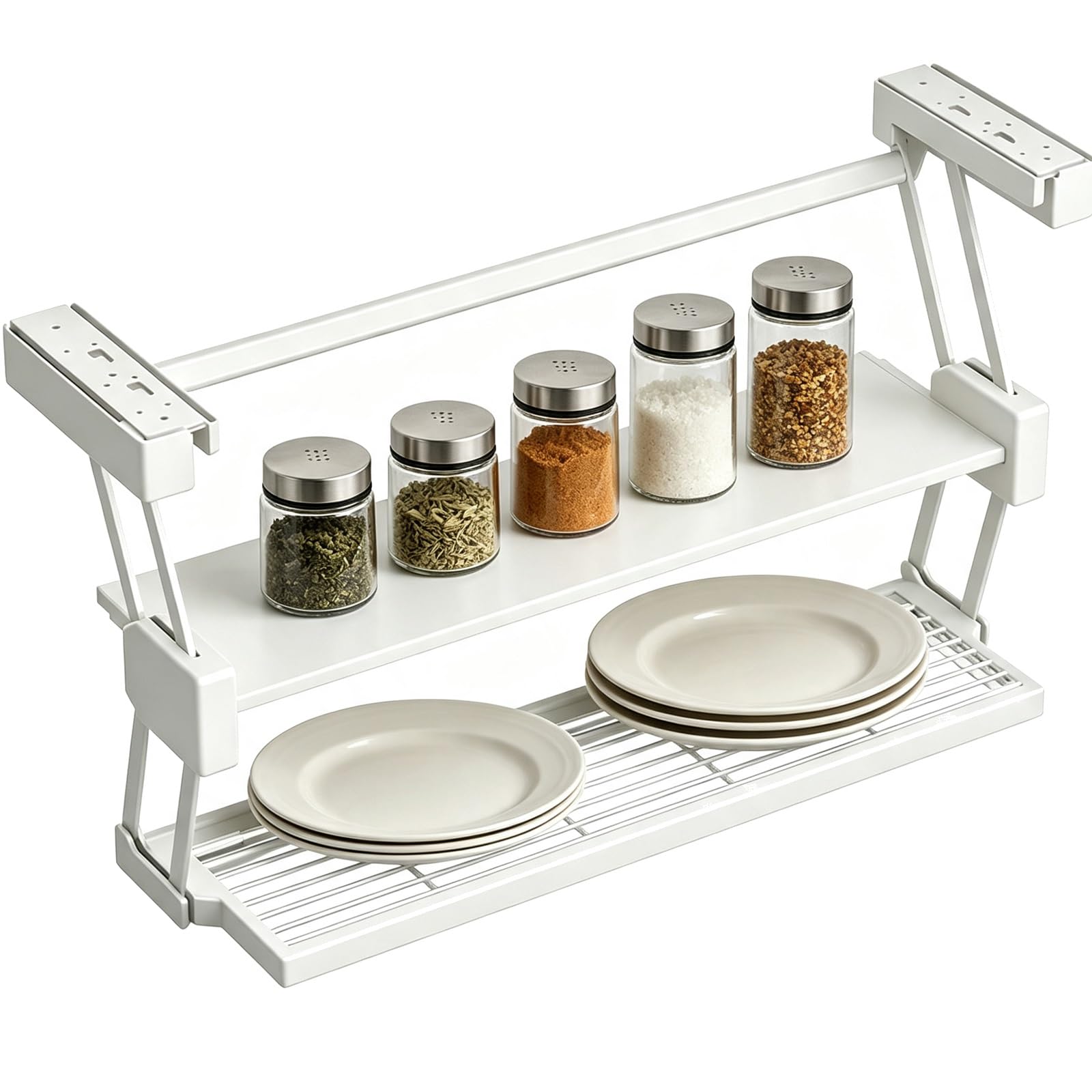 Scaffale estraibile in acciaio al carbonio, 2 ripiani, capacità di carico 10 kg, organizer da cucina pieghevole, per spezie, preparazione e conservazione degli alimenti (bianco, 60 cm / 23in)