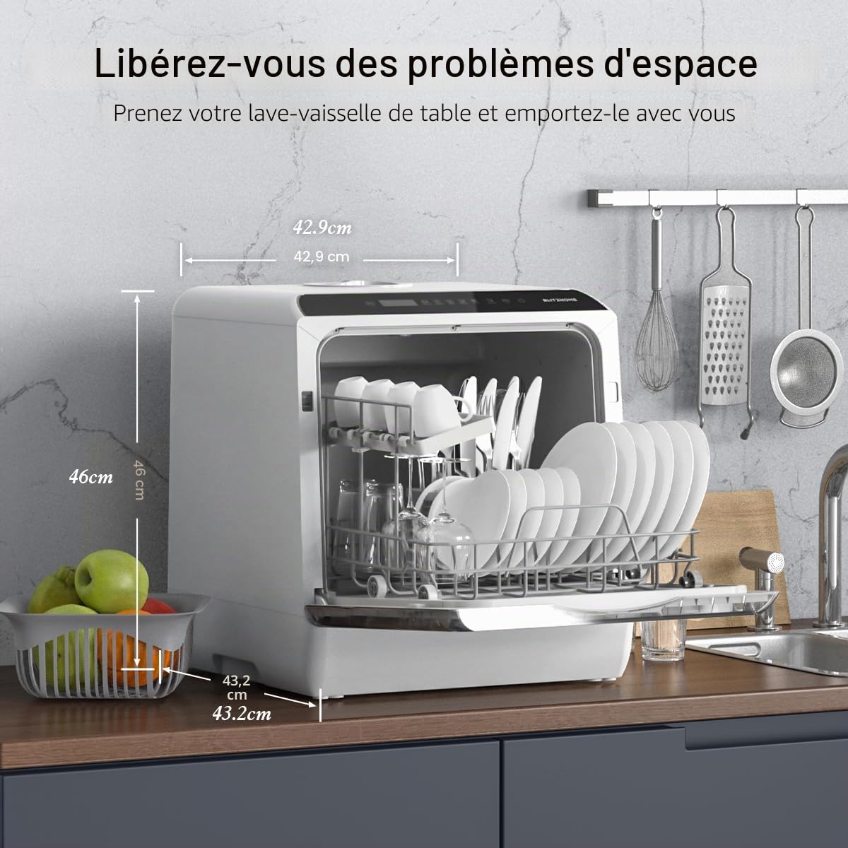 Mini lave-vaisselle BLITZHOME, contrôle par application, 6 programmes, lave-vaisselle de table intelligent et portable avec réservoir d'eau de 5L, utilisable avec ou sans raccordement à l'eau, séchage