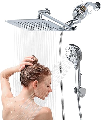 8'' Dual 20 Stage Filtered Shower Head with Handheld, 6 Spray Settings Handheld Shower Head High Pressure Rainfall Filter Combo with 12'' Adjustable