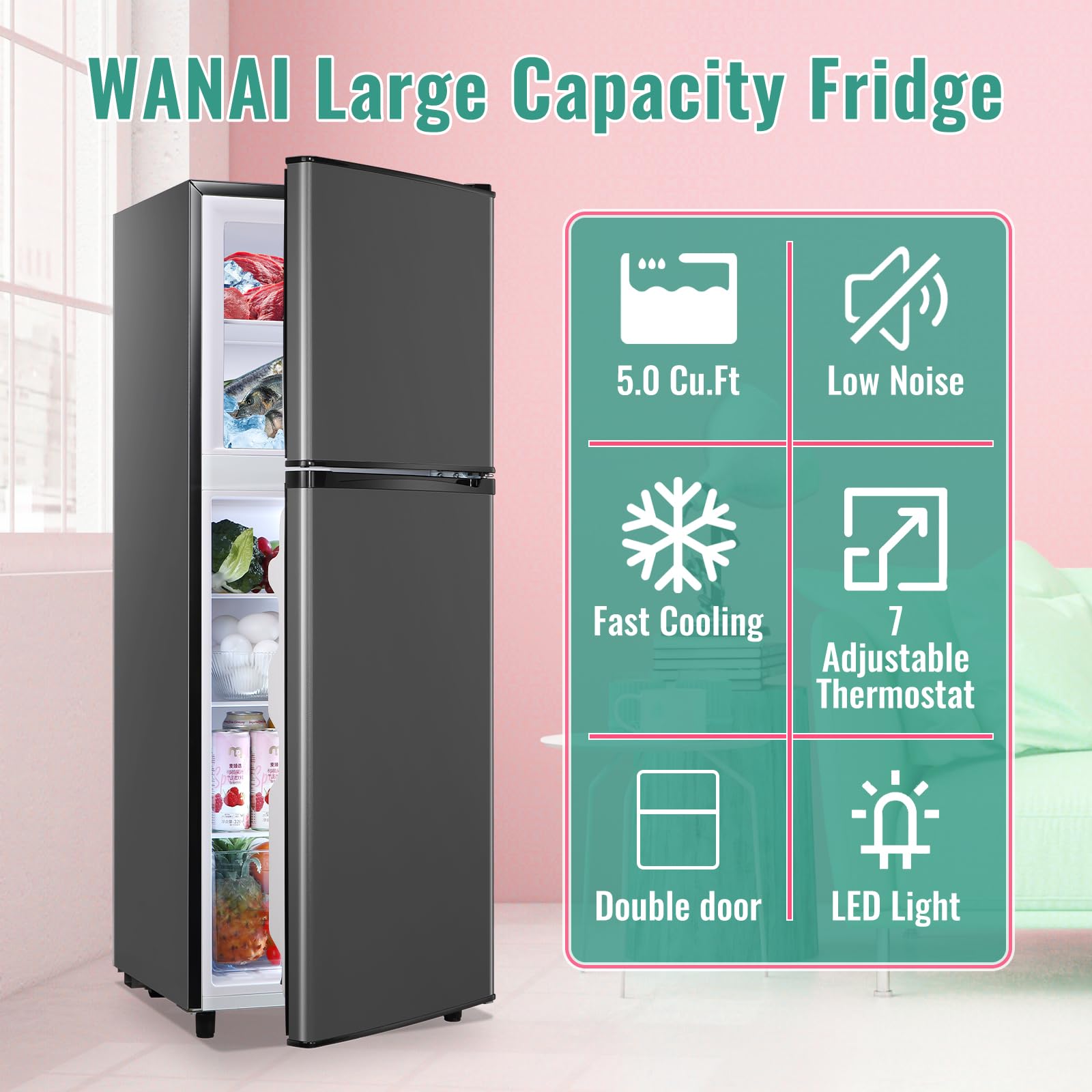 WANAI Silver 5.0 Cu.Ft Refrigerator with 7-Level Adjustable Thermostat, 143 L Dual Door Refrigerator with Separate Freezers, Big Fridge for Home Kitchen Office Apartment on Fridge.com