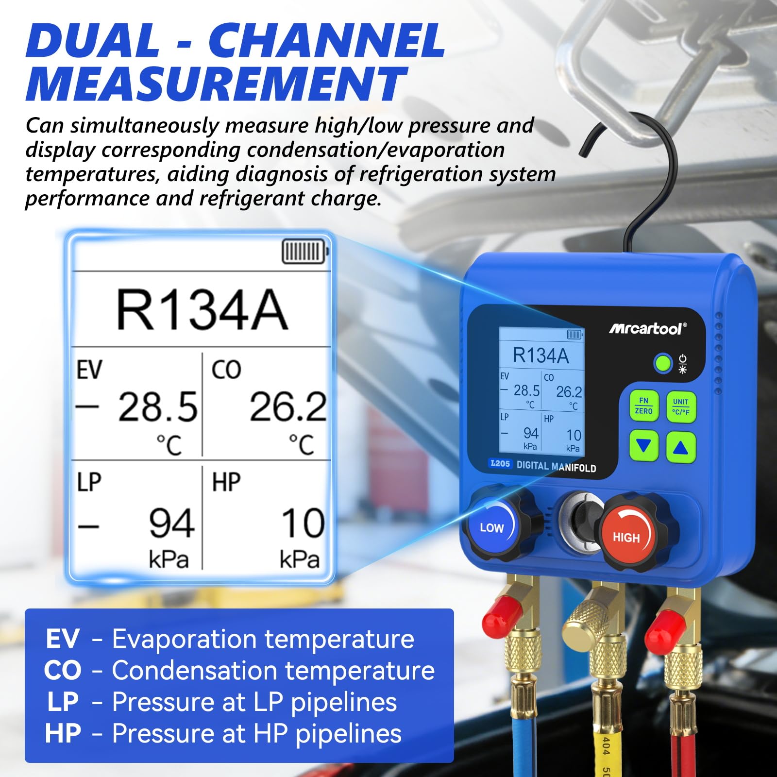 MRCARTOOL Outil de montage de réfrigérant L205 Distributeur numérique pour climatisation avec affichage de 92 réfrigérants HVAC R134A R32 R410A R11 R12 R422 R600