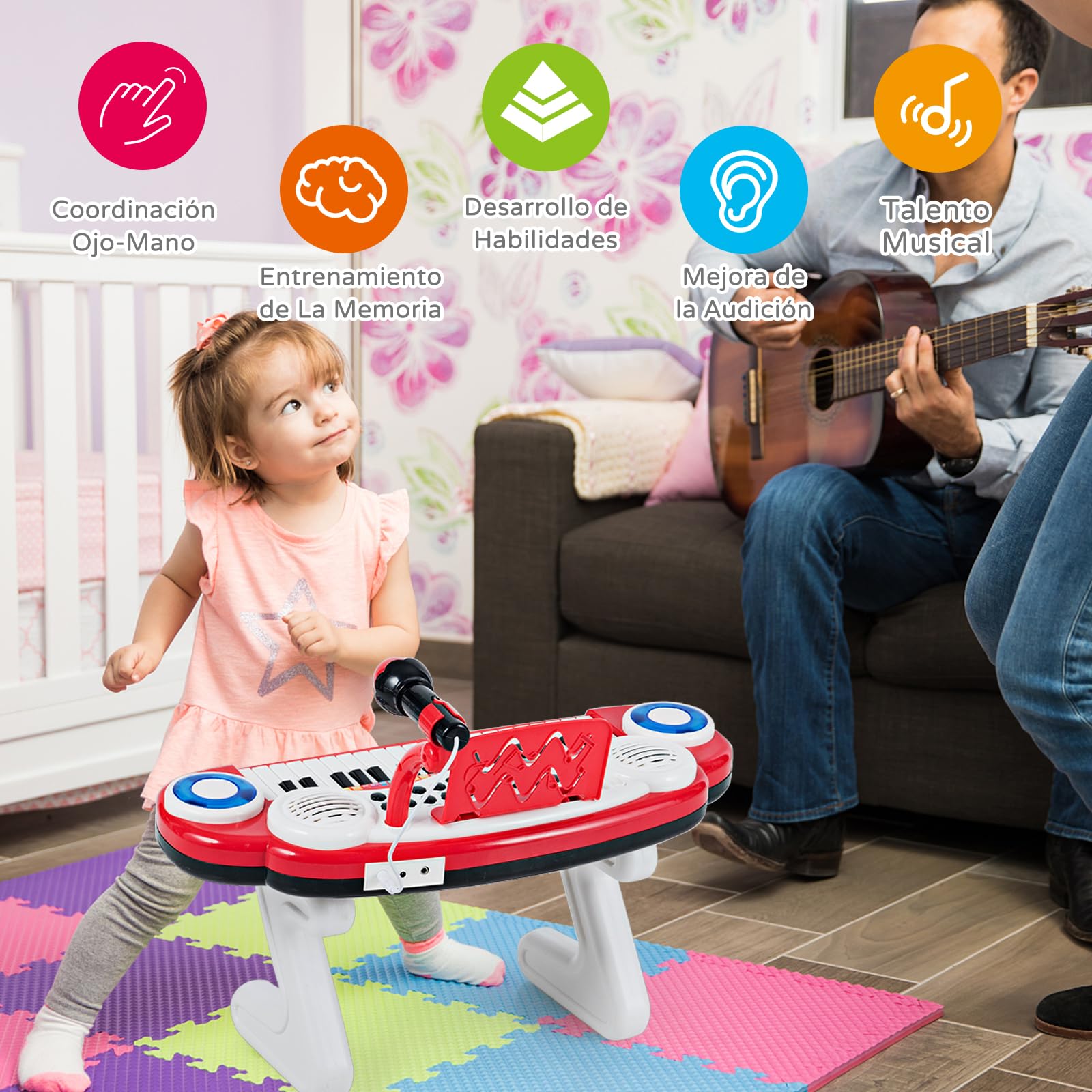 RELAX4LIFE Piano Infantil con 37 Teclas, Luces, Micrófono Ajustable, Grabación y Reproducción, Atril, 8 Estilos, 4 Percusiones, Volumen y Ritmo Regulables, Teclado Piano para Niños de 18+ Meses (Rojo)