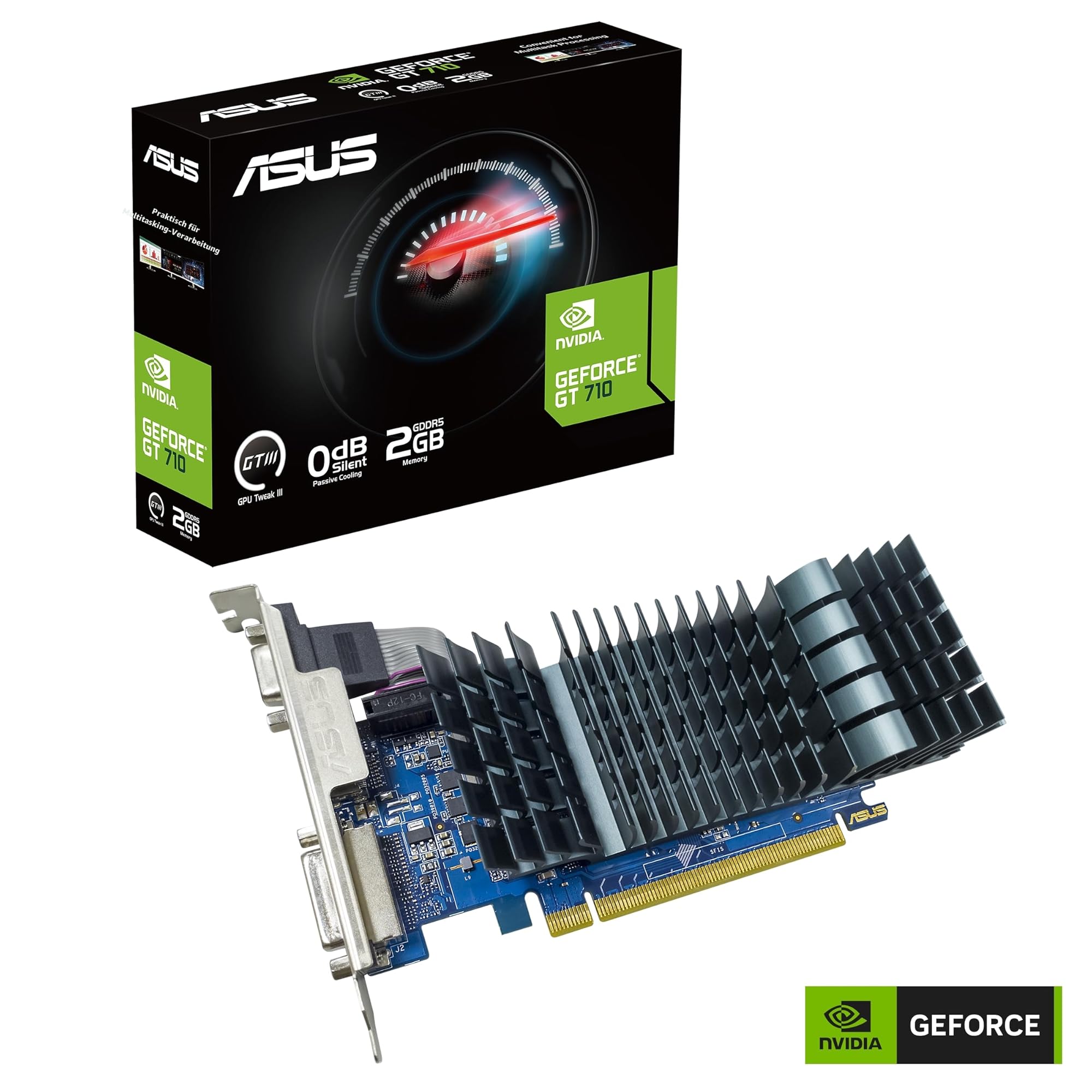 ASUS GeForce GT 710 2GB GDDR5 EVO Low-Profile Grafikkarte (Nvidia GeForce GT710, für leise HTPC-Aufbauten, Unterstützt 3 Monitore, PCIe 2.0, HDMI 1.4b, GT710-SL-2GD5-BRK-EVO)