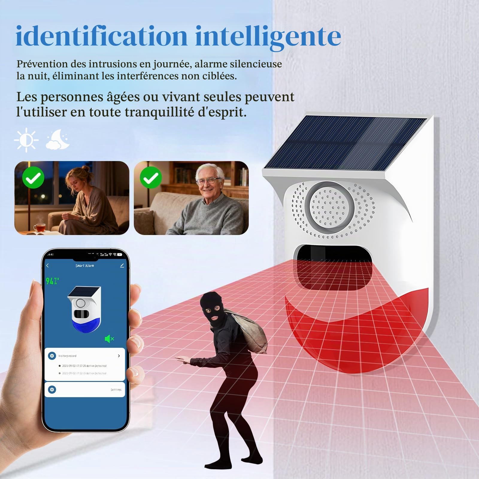 Yasorn Alarme Solaire WiFi Détecteur de Mouvement Infrarouge, Sirène 120dB IP67 Étanche, Télécommande RF, Alerte Push Tuya Smart Life, 4 Modes de Fonctionnement, Extérieur Jardin Maison, Lot de 2