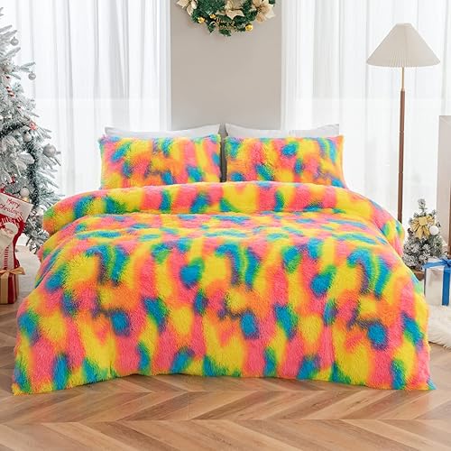 SUCSES Faux Fur Fluffy Duvet Cover Set Queen Size Colorful Rainbow Tie Dye Bedding Set Super Soft Long Plush Fuzzy Comforter Cover Bed Set