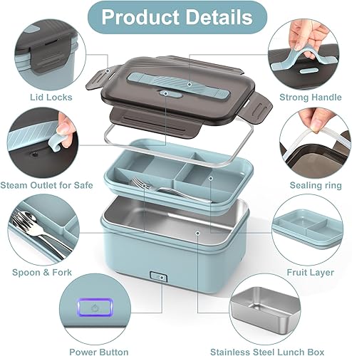 Miniatura 6 de Vingud Fiambrera eléctrica de 100 W, 4 en 1 para cochecamiónhombre, fiambreras térmicas para adultos con recipiente de acero inoxidable de 1.8 L, 12