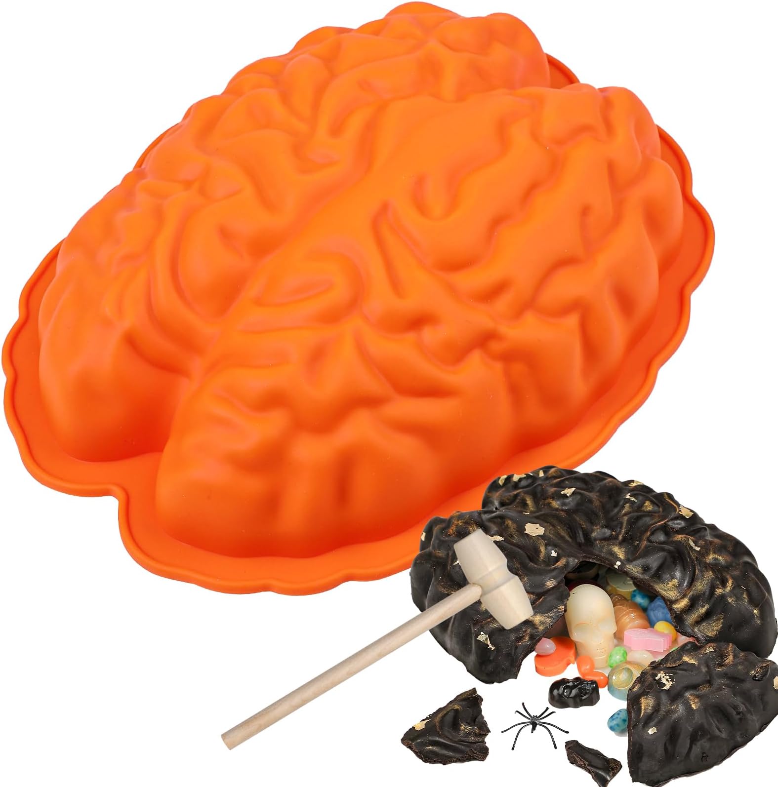 Kamehame Breakable Brain Chocolate Mold with Hammer, Halloween Brain Jello Mold, Silicone Brain Gelatin Cake Mold, 9 Inches Breakable Brain Chocolate Mold