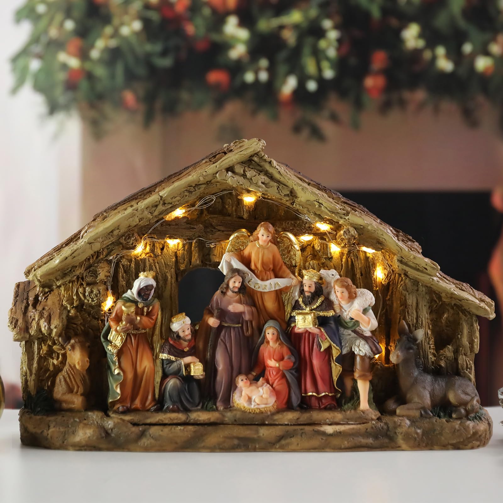Bdor Crèche de Noël - Décoration de Noël - 29 x 8,9 x 17,8 cm - Affichage lumineux de la naissance de Jésus - Décoration de table de Noël - Scène électrique avec lumières LED