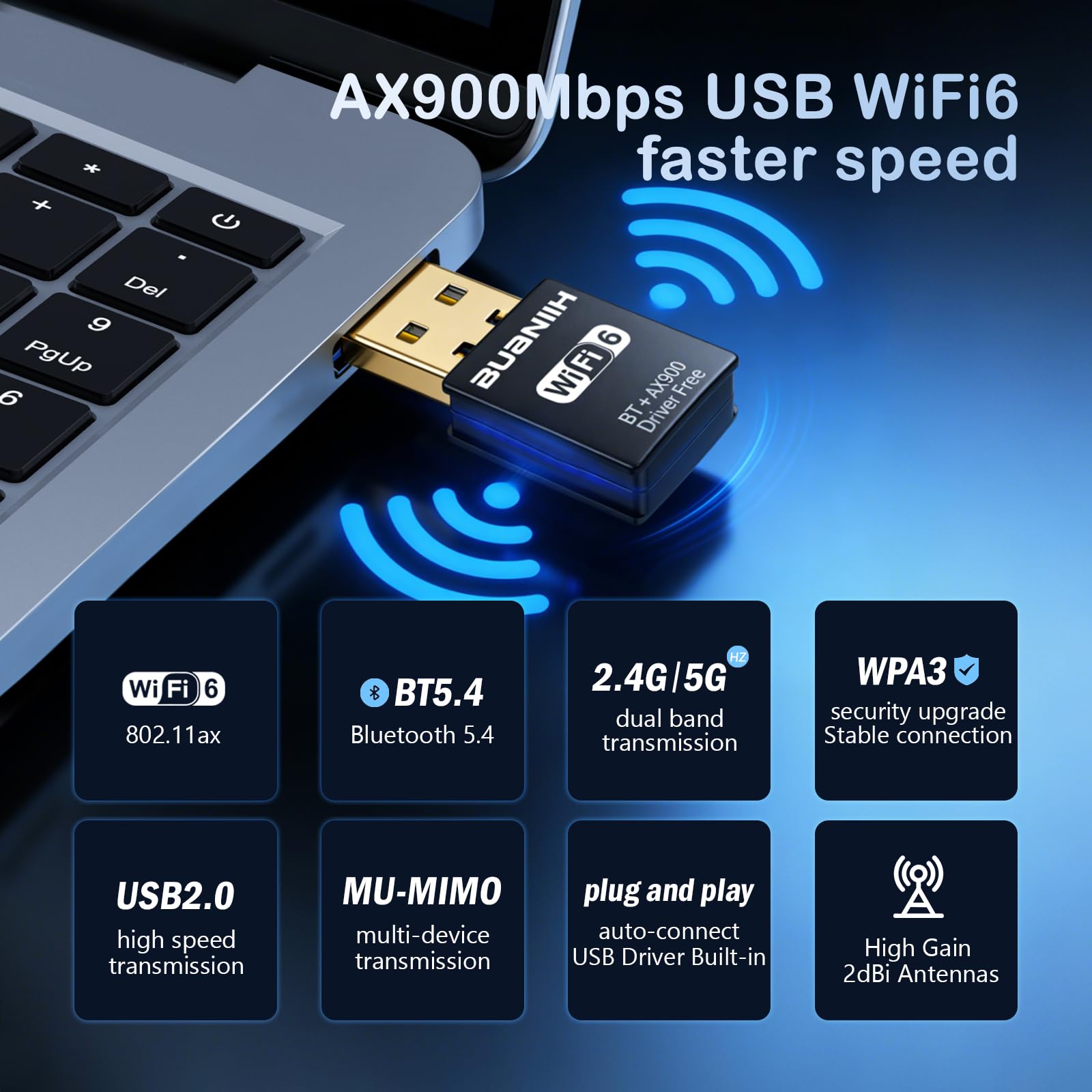 Adaptador WiFi USB, WiFi y Bluetooth 2 en 1 para PC de escritorio, red inalámbrica de doble banda de 900 Mbps de 2.4 GHz/5 GHz, Plug and Play, compatible con PC/portátil/escritorio, compatible con