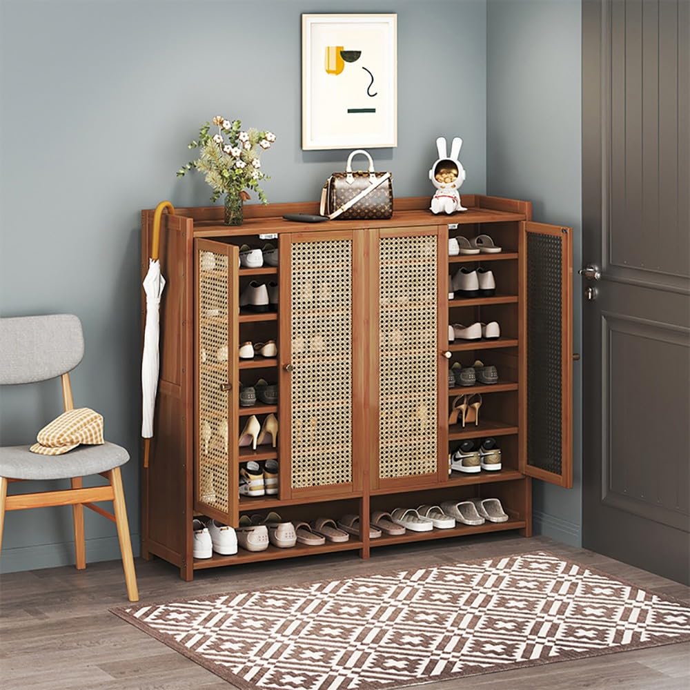 Schuhschrank aus Bambus mit 4 Rattantüren - 7 Ebenen Freistehendes Schuhregal mit Füßen, 120cm Breit - Moderner Schrank-Organizer für Flur und Wohnzimmer