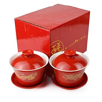 Gaiwan 2 Suits Porcelain Teacups 8oz Cups Chinese Dragon and Phoenix Cover Bowl Saucer Red tureen for Wedding Party