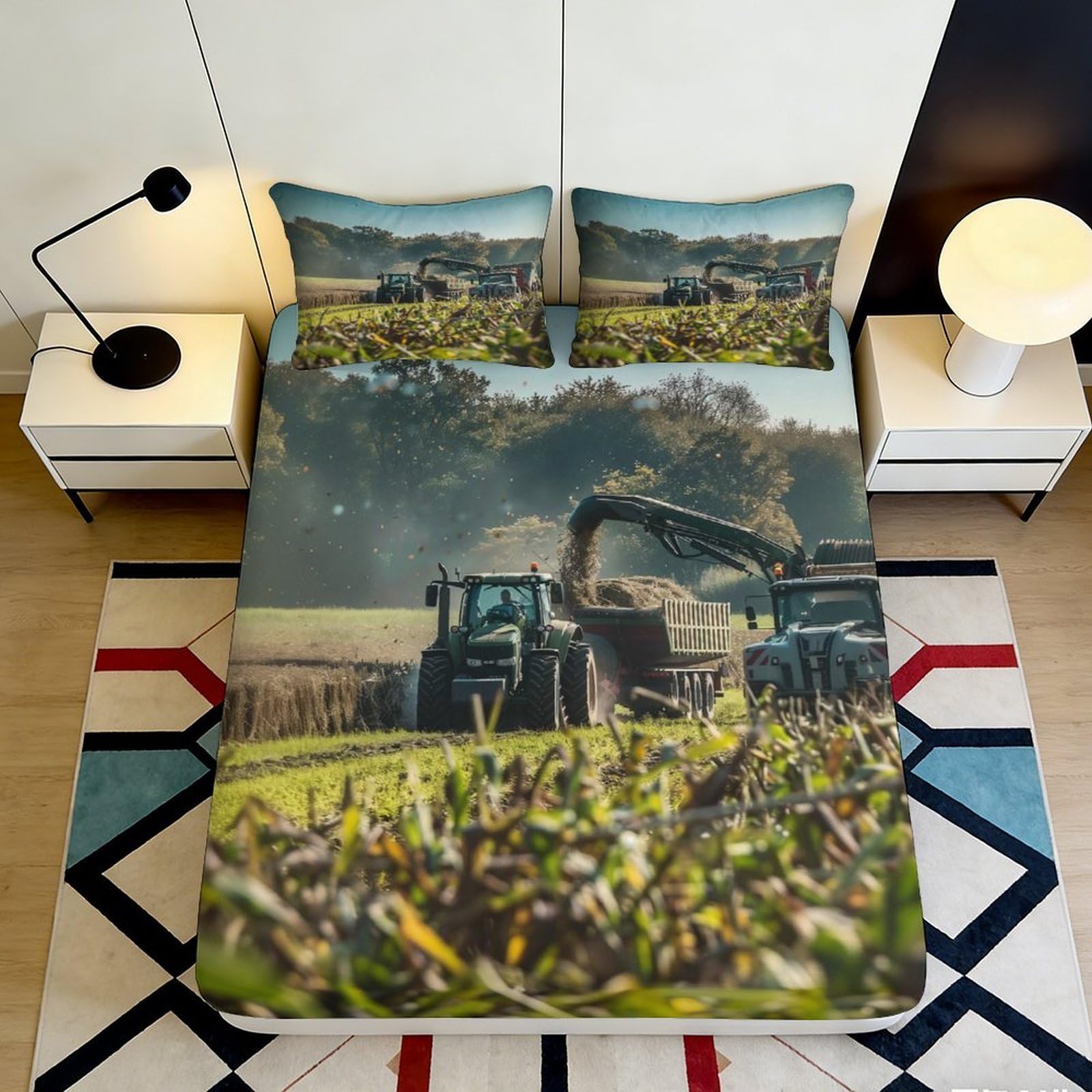 3D Printed Farm Harvest Scene Fitted Sheet Microfiber Tractor Field Mattress Cover for Bedroom Guest Room Decor 90x200x25cm