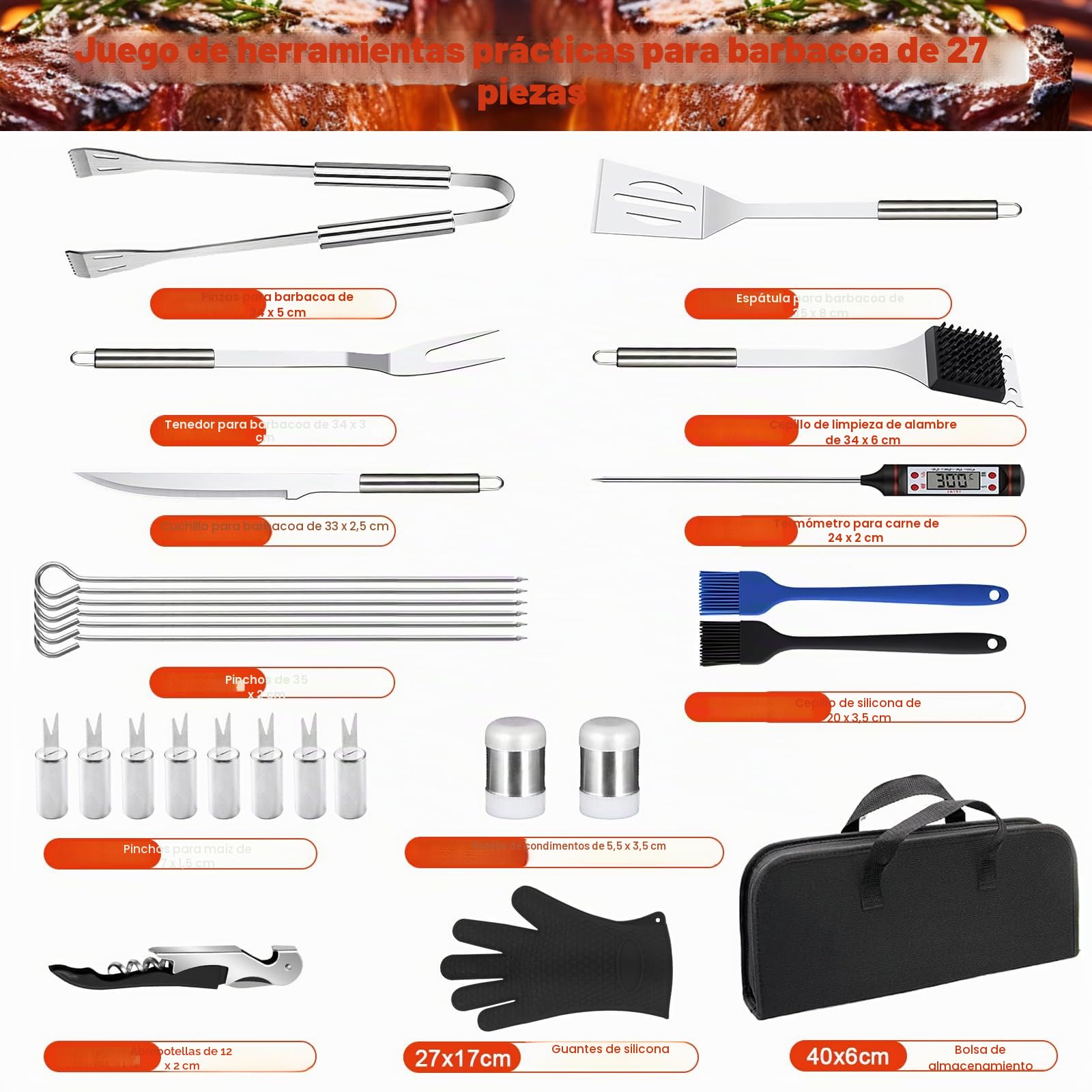 27Pcs Set de Barbacoa de Acero Inoxidable, Juego de Utensilios de Parrilla Profesionales, Accesorios para Barbacoa, con Bolsa de Almacenamiento, para Camping, Picnic, Jardín, Senderismo