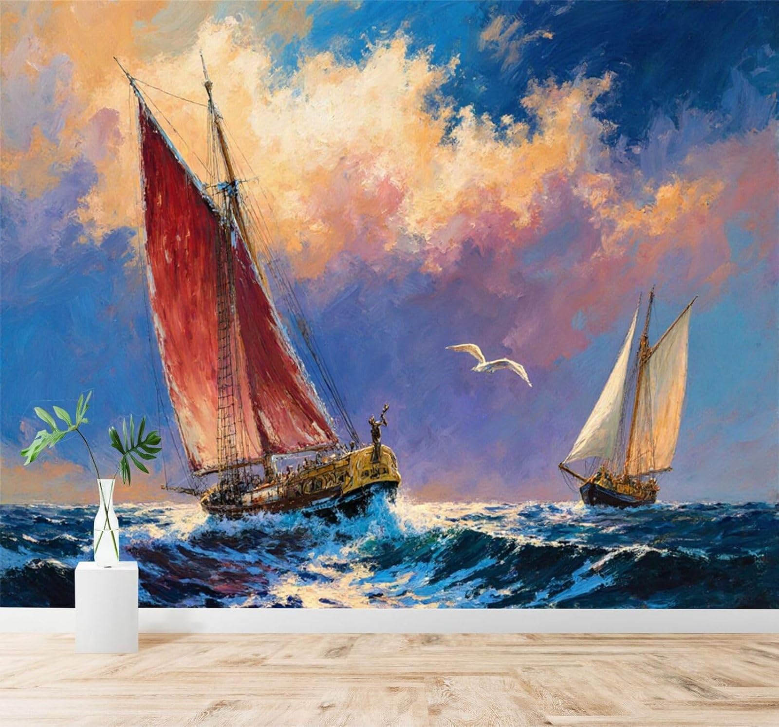 Xlming 350Cm×256Cm(B×H) Waves Sailing Boat Sunset Sky Seagull 3D Wallpaper Silky Texture Home Study Office Grey Dining Room Sofa Bedroom Living Room Tv Backdrop-350Cm×256Cm