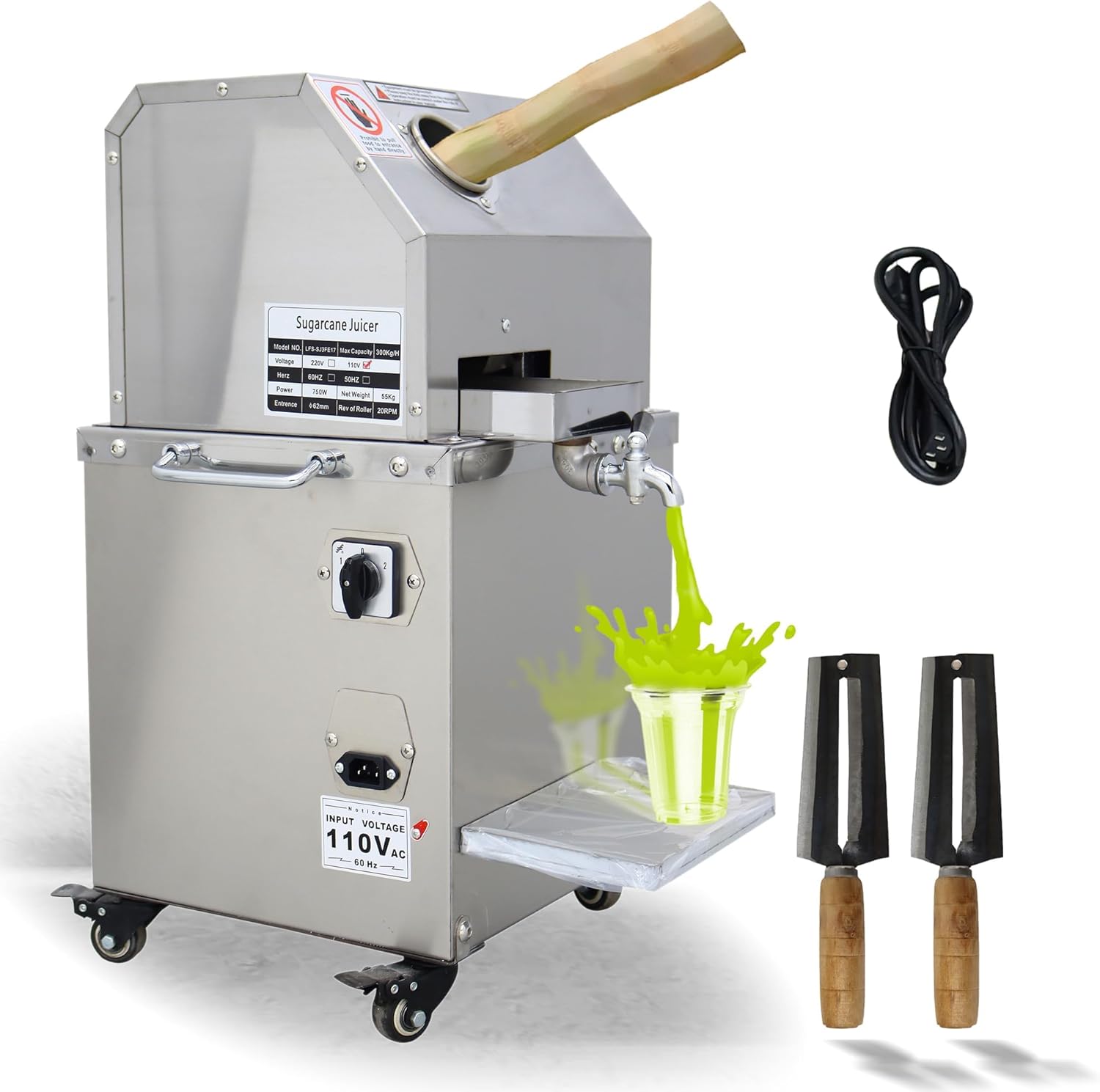 Electric Sugar Cane Juicer, Commercial Sugarcane Press Machine, 800W/110V, 3 Stainless Steel Rollers, 661 lb/h Output, Mobile Sugarcane Juice Extractor with 4 Caster