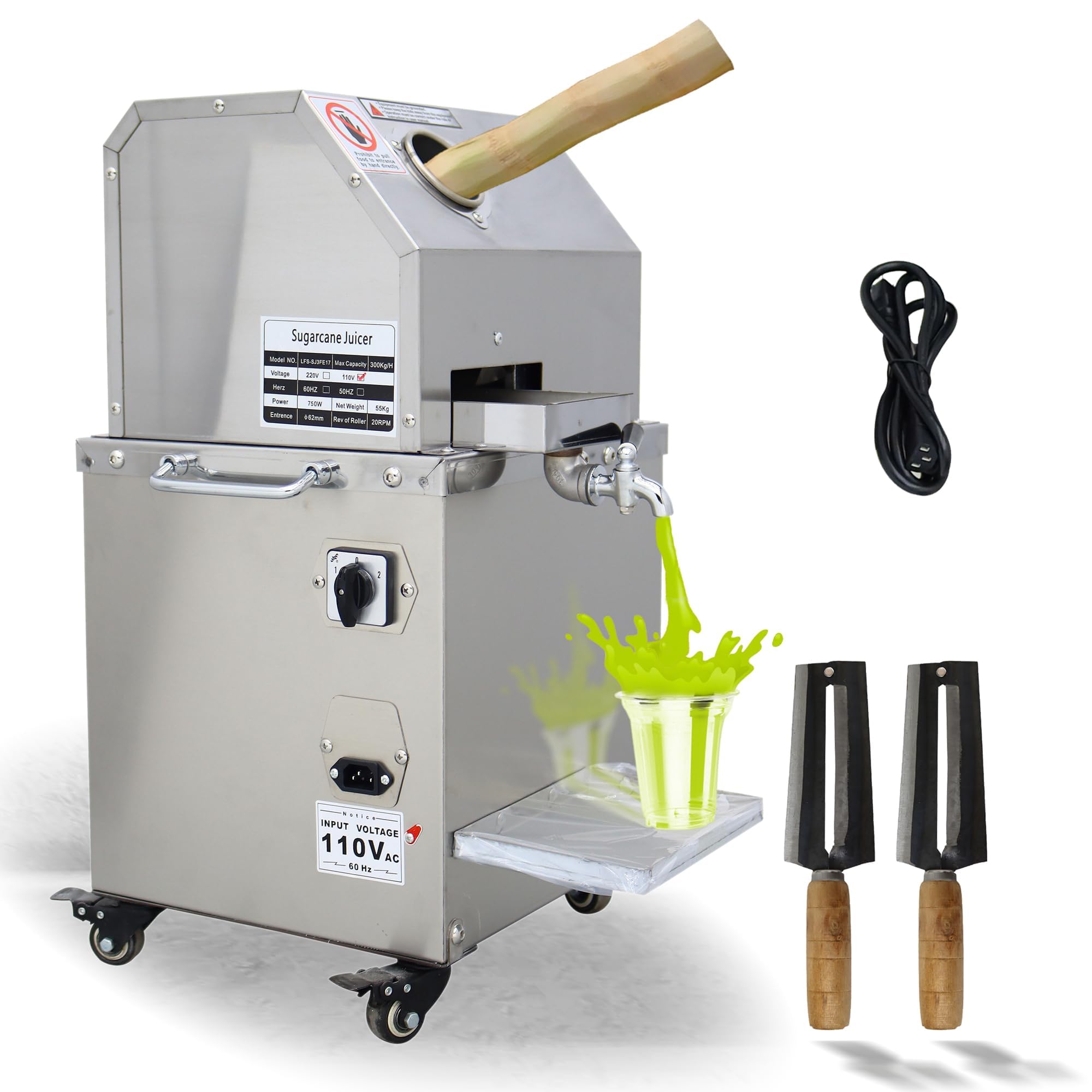 Exprimidor eléctrico de caña de azúcar, máquina comercial de prensa de caña de azúcar, 800 W/110 V, 3 rodillos de acero inoxidable, salida de 661 lb/h, extractor de jugo de caña de azúcar