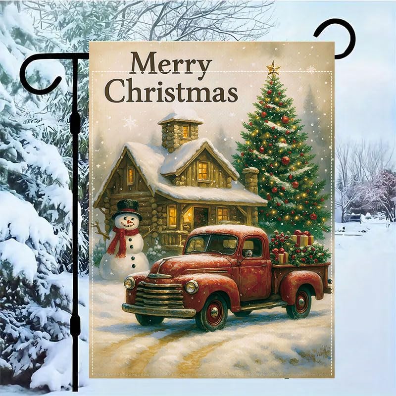 Miniatura 13 de Bandera de jardín de Navidad de 12 x 18 pulgadas, muñeco de nieve de Feliz Navidad con bandera de ciervo y cardenal, bandera de invierno para patio