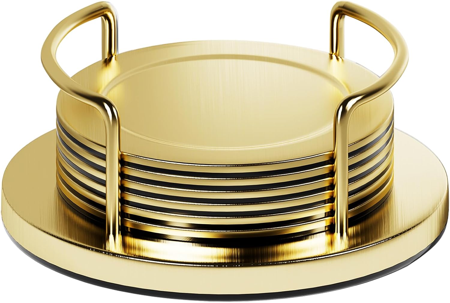 Gold Stainless Steel Coasters with Holder, Modern Brushed Drink Coaster Set of 6, Unique Round Cup Coasters with Non-Slip EVA Base, Housewarming Décor for Coffee Bar and Dining Table