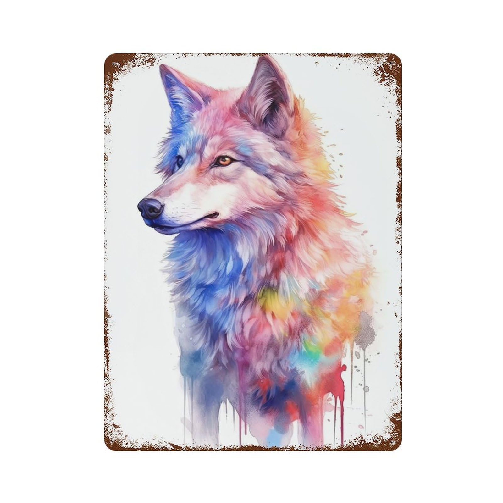 Watercolor Wolf Painting Rusty Metal Tin Sign 15.7"x11.8", Classic Wall Plaque for Pub, Kitchen And Man Cave Decor
