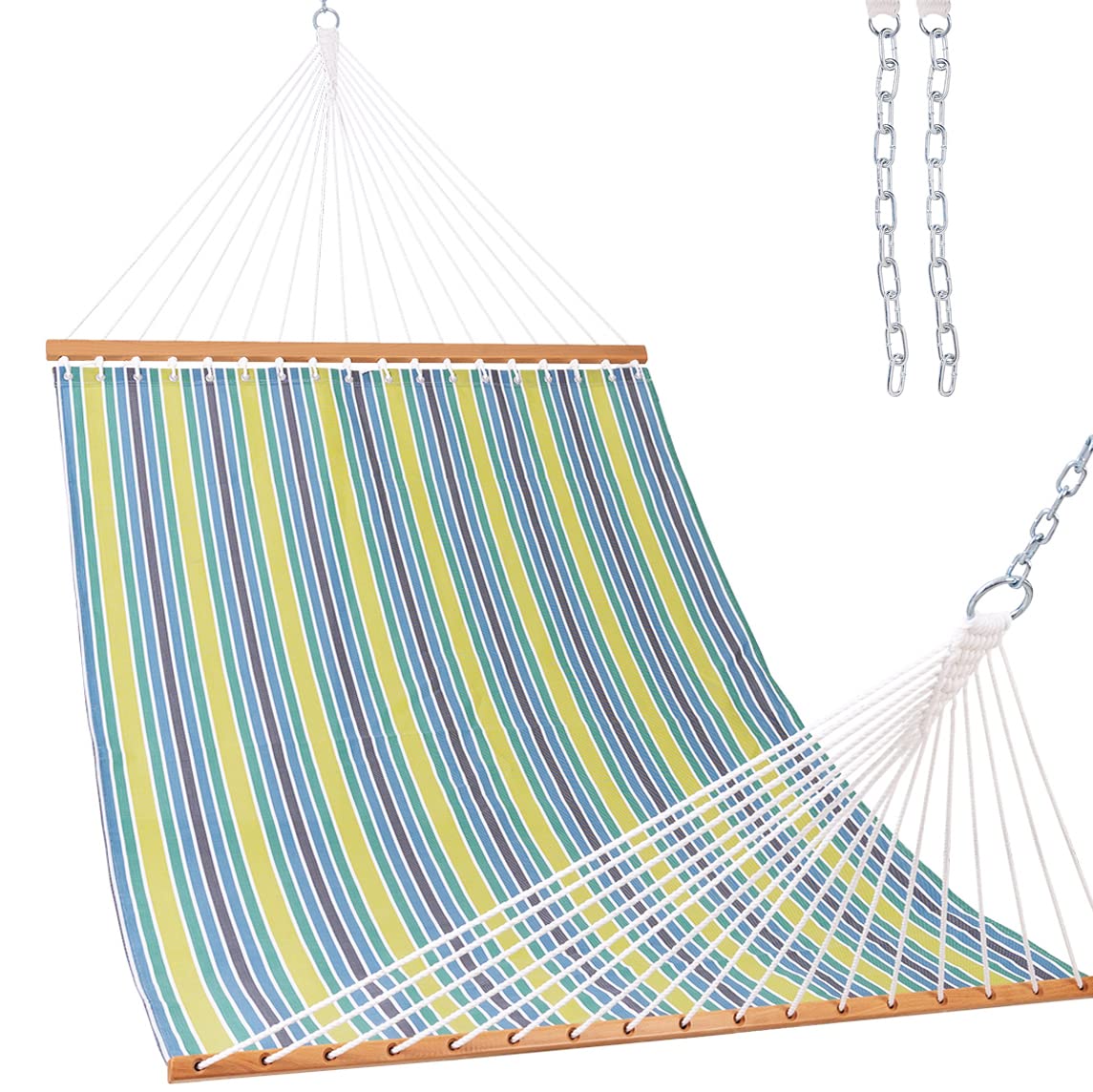 Lazy Daze HammocksQuick Dry Hammock with Spreader Bar 2 Person Double Hammock with Chains Outdoor Outside Patio Poolside Backyard Beach 450 lbs Capacity, Blue Green Stripes