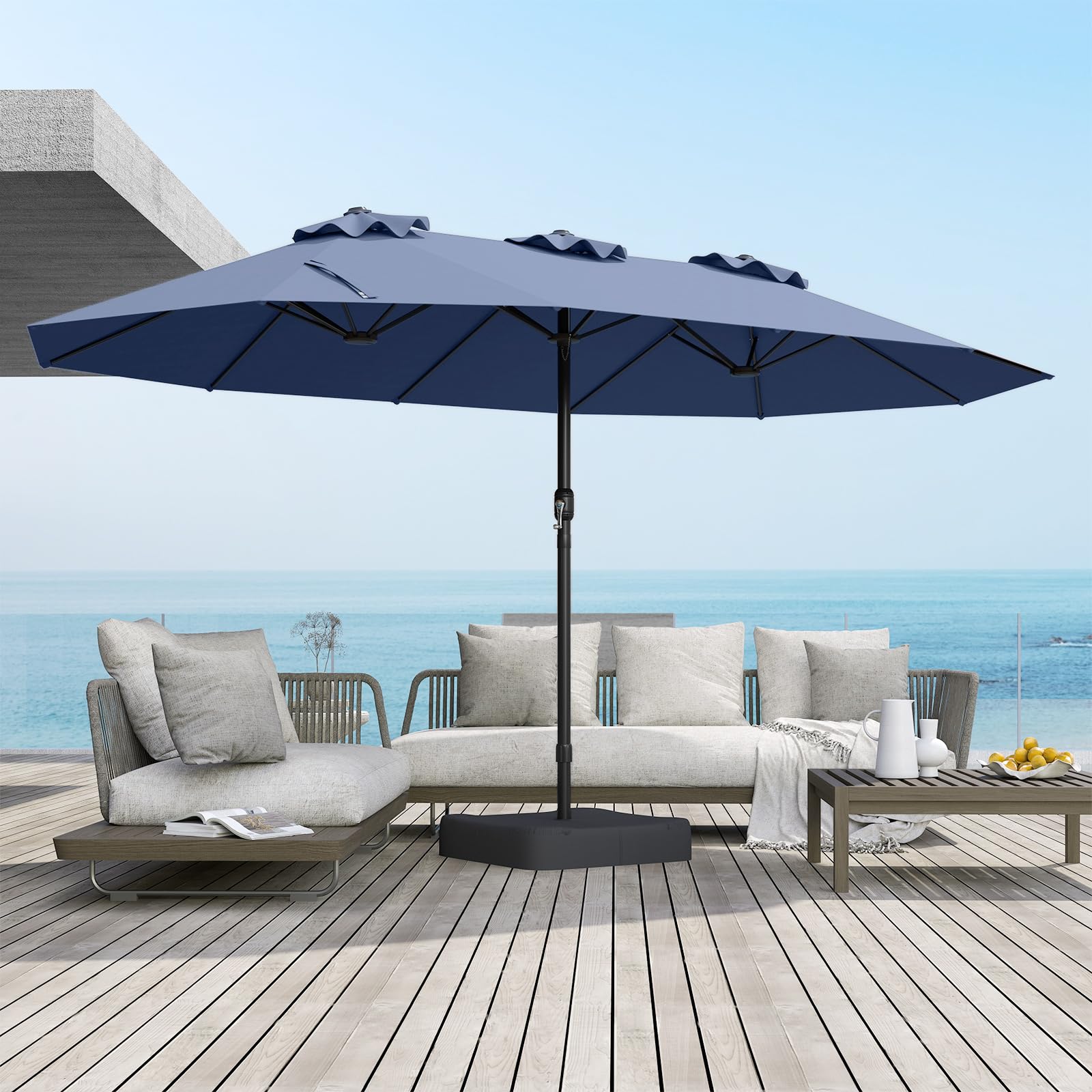 RELAX4LIFE Grand Parasol Double avec Pied 4,7M, Grand Parasol de Jardin Extérieur avec Manivelle, 12 Baleines, Base Croix, Sacs de Sable, Ventilé, Protection Solaire pour Terrasse Marché (Bleu foncé)