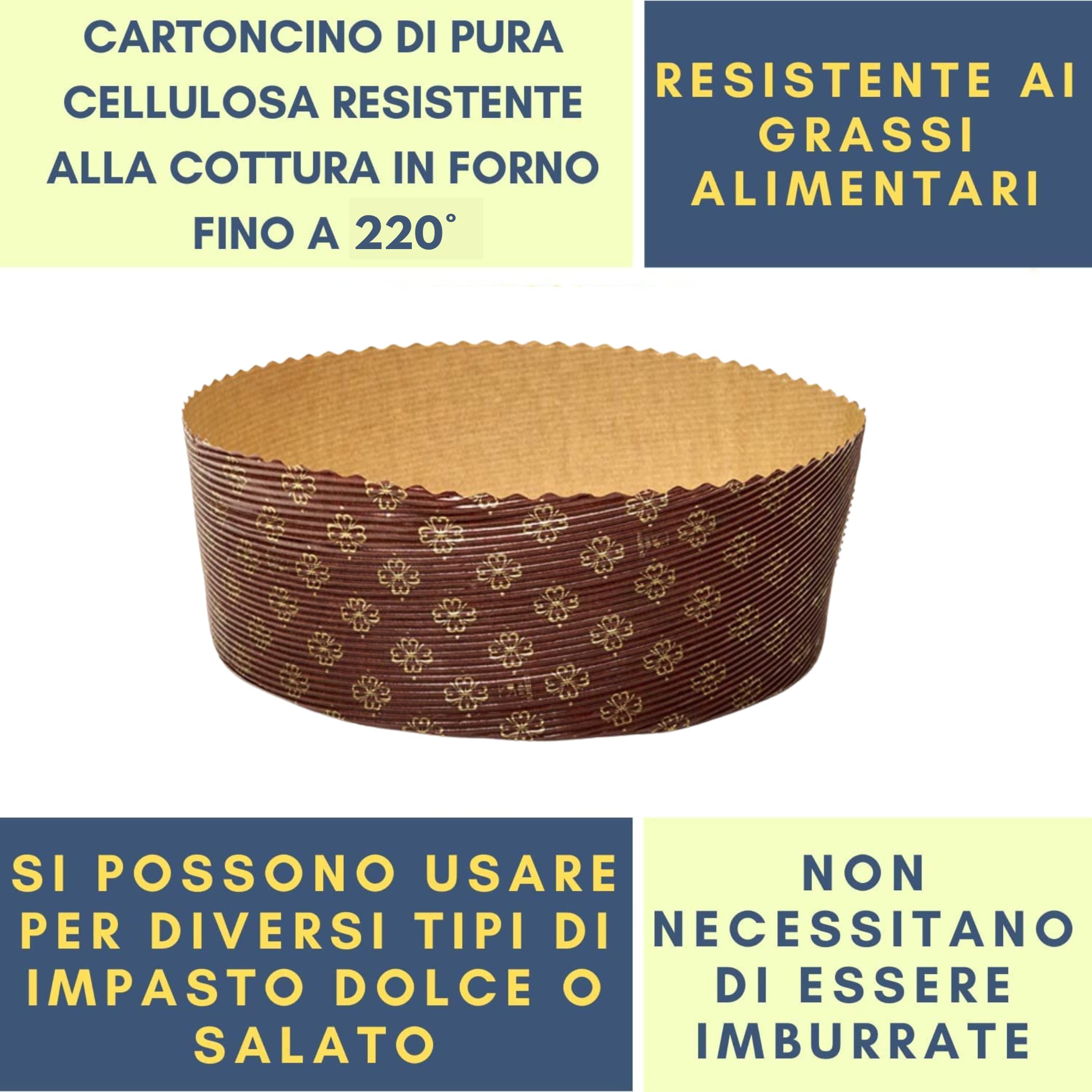 FAH - Kit Stampo Panettone Basso (5pz x 1kg) + Spillone Panettone + 5 Sacchetti con Chiusure, Pirottini Panettone Professionale di Carta Ondulata di Pura Cellulosa, Resistente al Calore 220°C