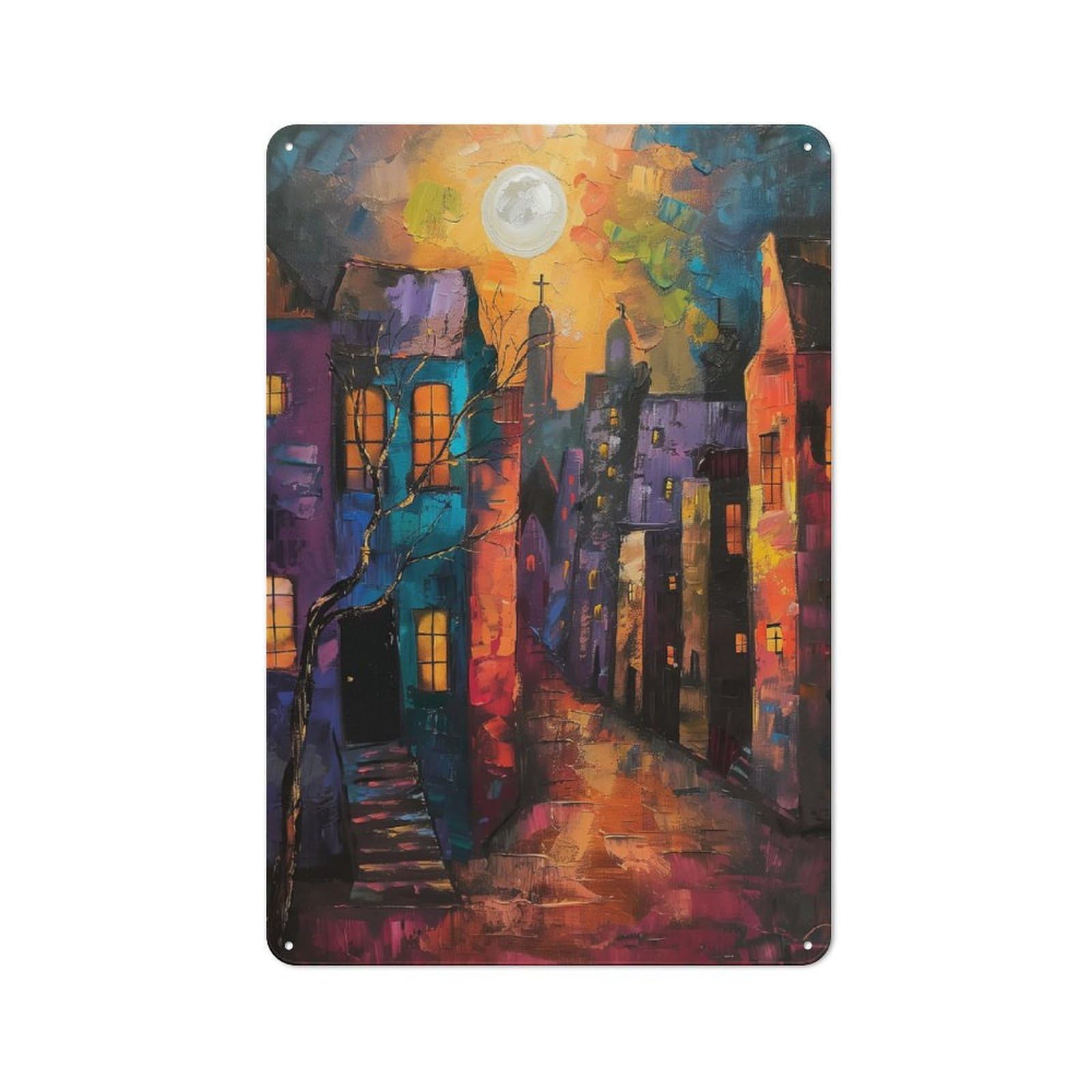 Junmoney Style-22 Moonlit European Cityscape Painting Warehouse Style Metal Wall Decor 30X20cm, Tin Wall Sign For Modern Home, Workshop, Office Or Cafe