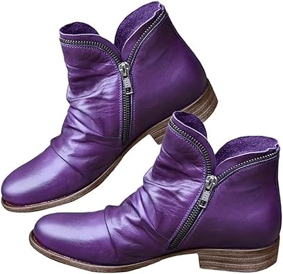 Womens Ankle Bootie Low Heel Side Zipper Booties 2025 Vintage Leather Boots Winter Dressy Wide Width Round Toe Shoes