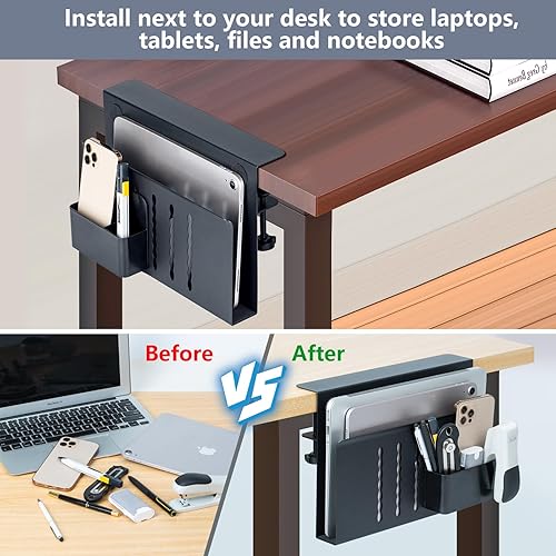 Miniatura 5 de FEIKU Soporte de almacenamiento lateral para escritorio, soporte para laptop con soporte magnético para bolígrafos, bandeja de gestión de cables