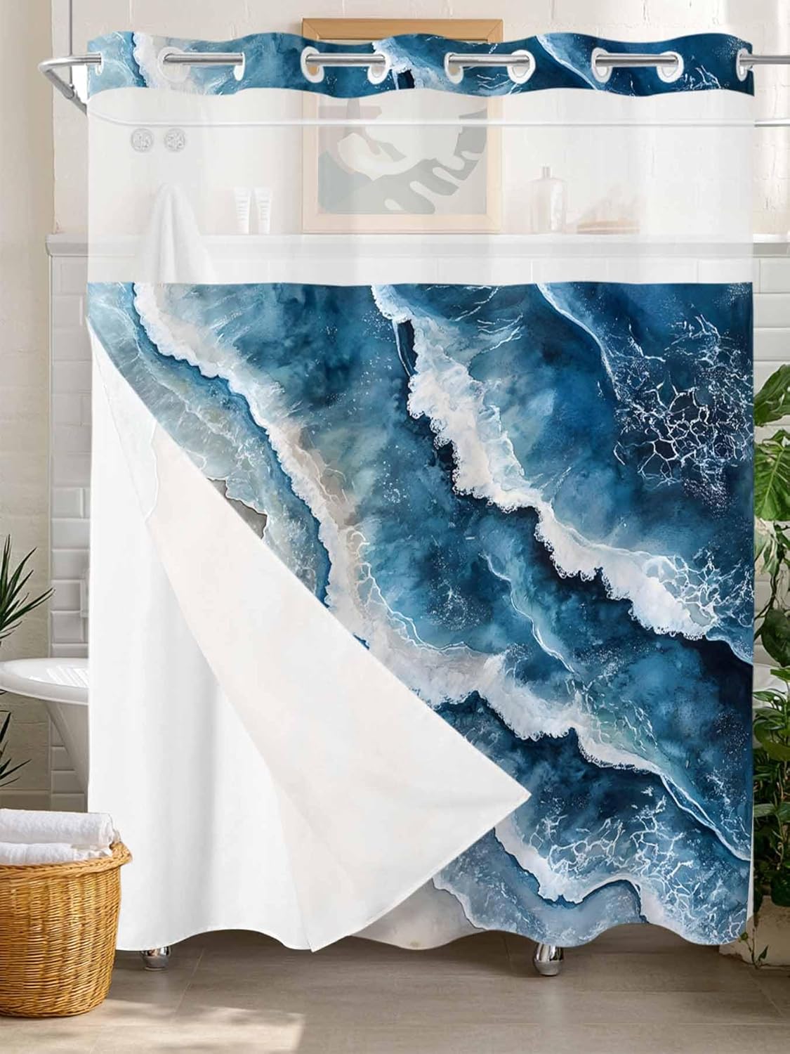 Abstract Waves No Hook Shower Curtain and Liner Set Spray Blue White Ocean Seaside Watercolor Snap in Shower Curtains Waterproof Bath Curtain with See Through Top Window Hotel Liner Set 72" x 78"