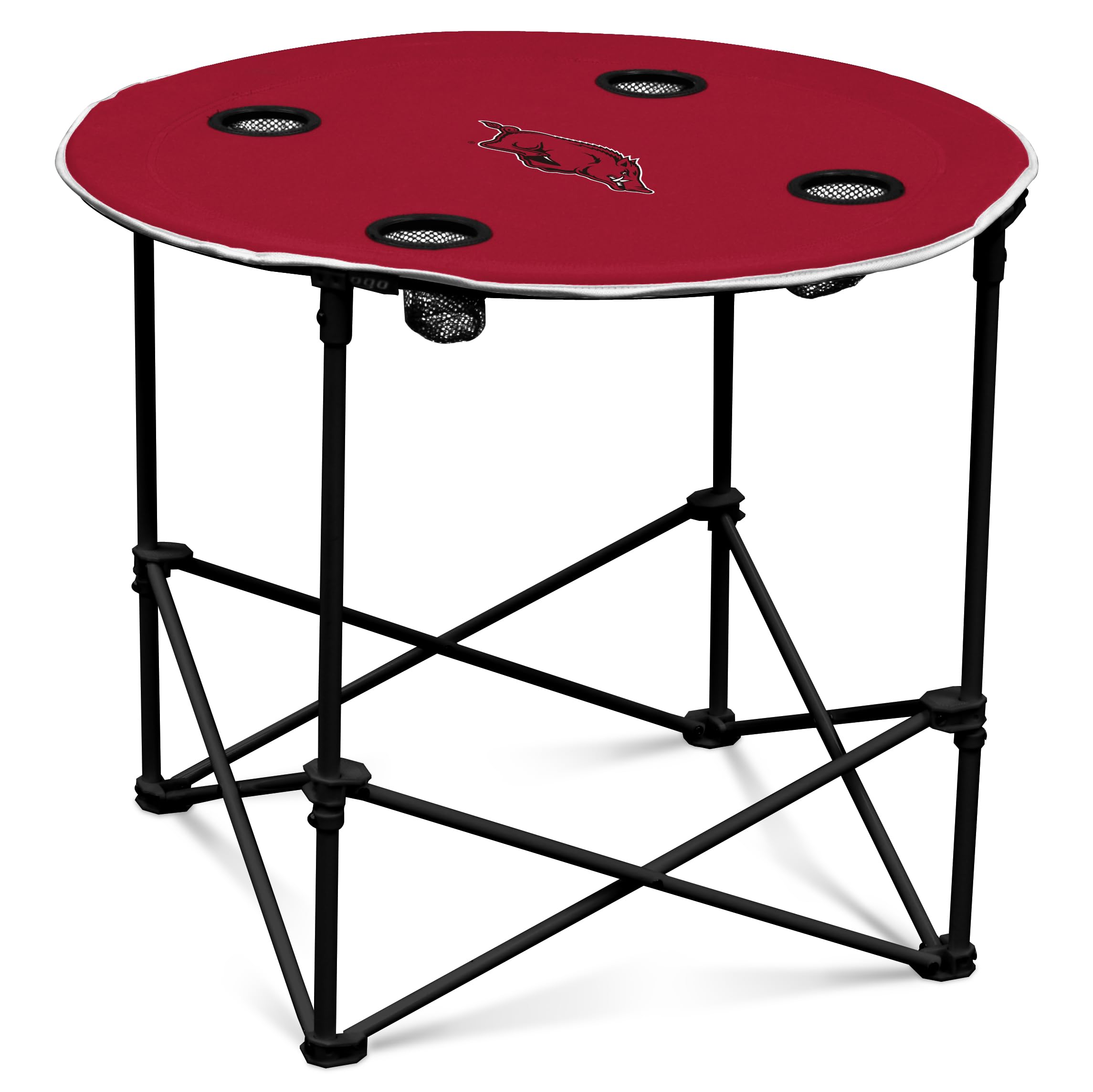 Logo Brands NCAA Arkansas Razorbacks Round Tailgating Table – Portable with Foldable Legs, 4 Cup Holders, Powder-Coated Steel, and 27.6" Surface Diameter, Team Color