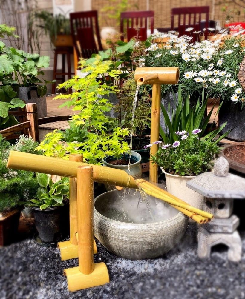 Fontana Solare Kit Fontana d'Acqua in bambù Kit Fontana in bambù Fontana d'Acqua e Pompa, Cascata Laghetto Giardino Giapponese Accenti in bambù per Esterni