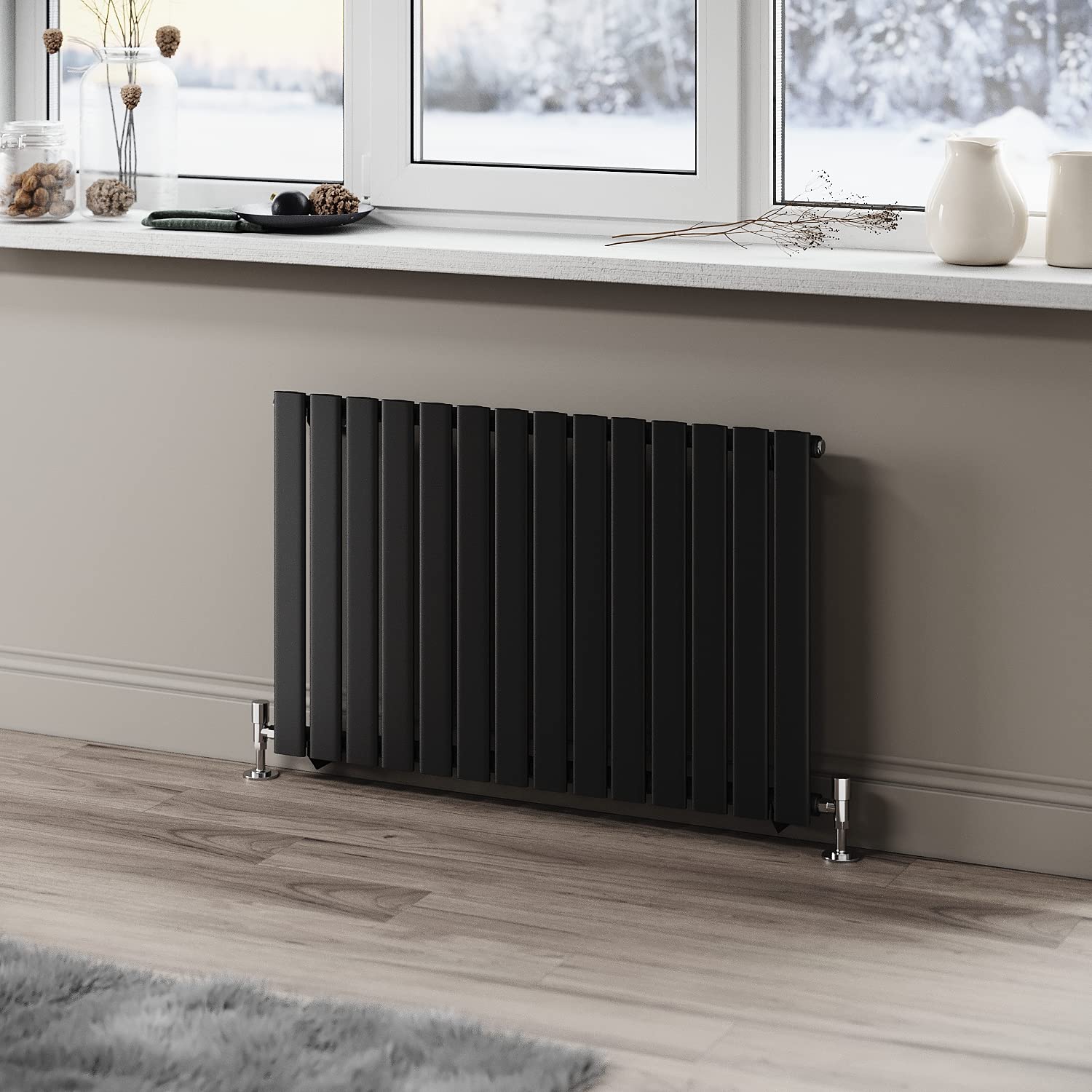 ELEGANT 600 x 952 mm Black Horizontal Radiator Single Flat Panel Radiator Column Designer Modern Central Heating Rad for Bathroom/Kitchen/Living Room