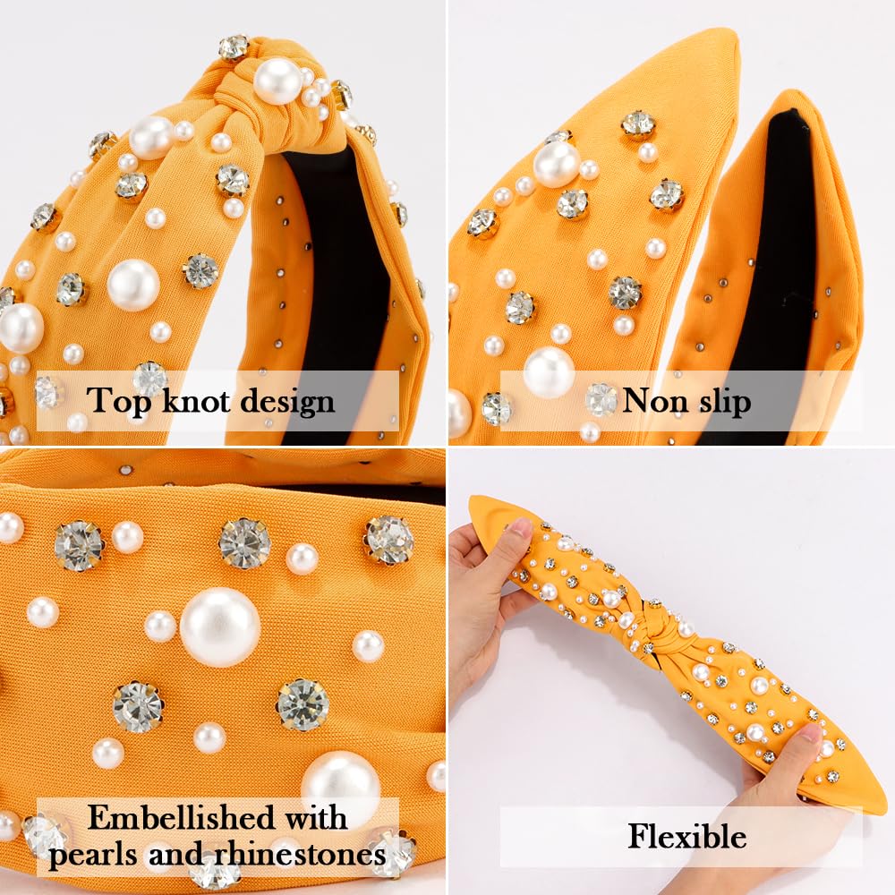 Amazon.com : Atoden Yellow Wide Top Knot Headband with Pearl  display picture 2