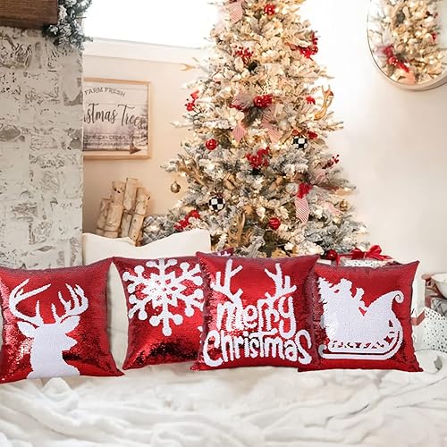 Miniatura 2 de EL Station Juego de 4 fundas de almohada de lentejuelas navideñas de 18 x 18 pulgadas, color rojo, reversible, con lentejuelas, diseño de sirena