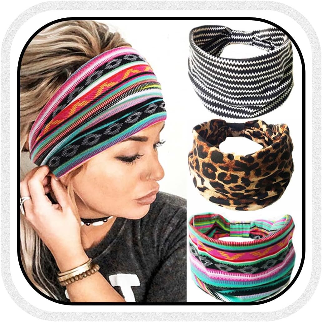 Boho Headbands Leopard Hair Bands Knoted Turban Stretch Twist Head Wraps Stripe Cloth for Women and Girls 3 Pcs (Boho)