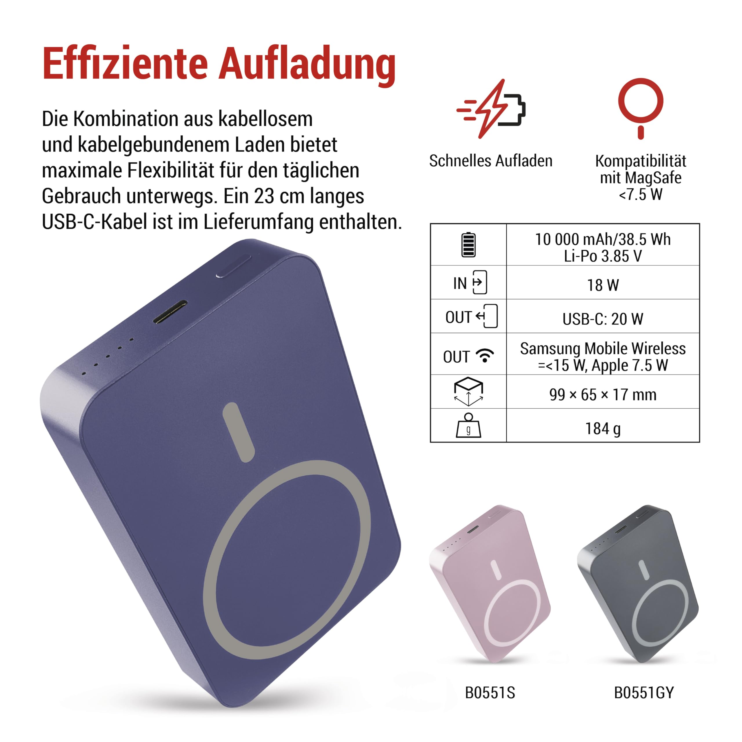 EMOS - Powerbank 10 000 mAh WI 1046 z magnesem - magnetyczny zewnętrzny akumulator z funkcją przejścia i bezprzewodowym ładowaniem - wyjście USB C z kablem USB do transmisji danych - do iPhone'a,