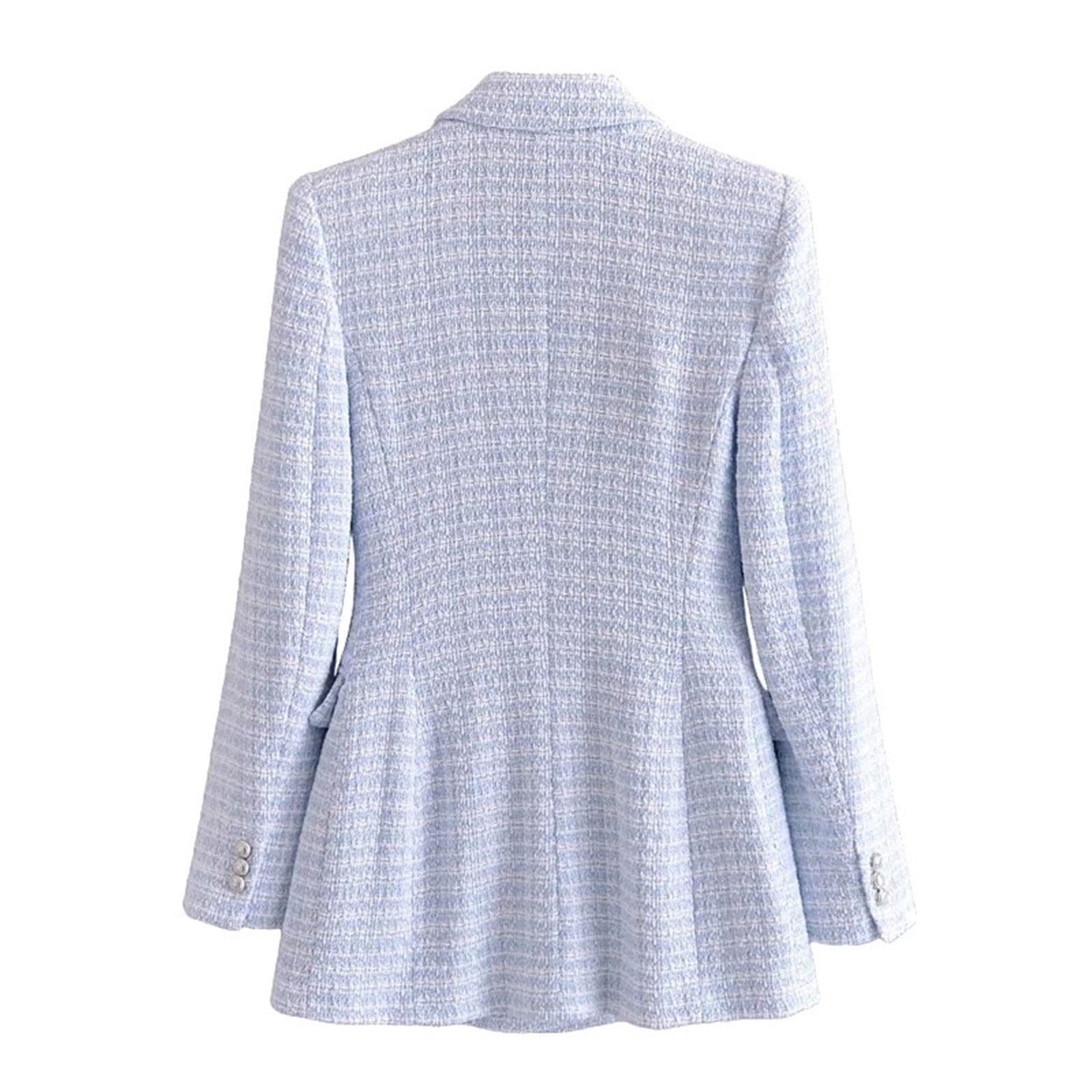 Donne Moda Doppio Petto Tweed Check Blazer Cappotto Vintage Manica Lunga Tasche Giacche Femminili