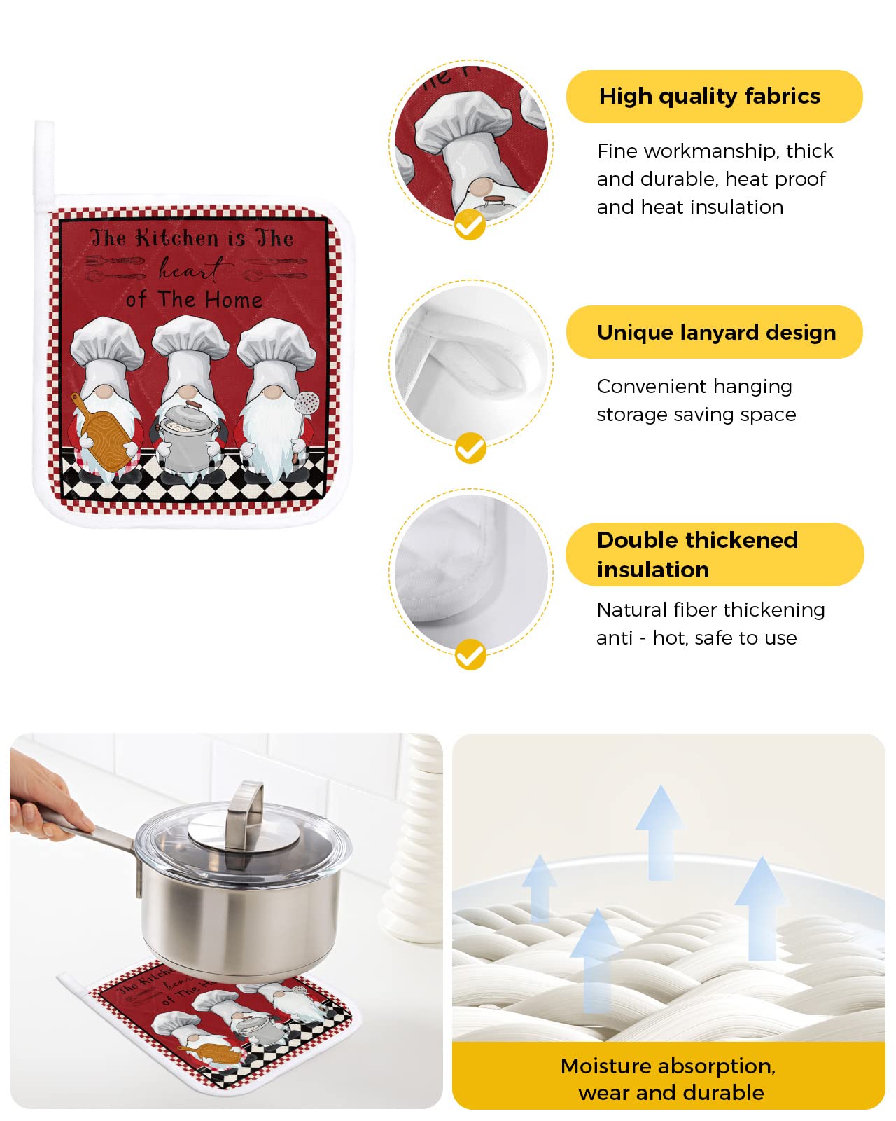 Pot Holders for Kitchen Cartoon Chef Gnome Kitchen Utensils Set of 3 Potholders Heat Proof Non-Slip Oven Pot Holder Insulation Terry Cloth Hot Pad with Loop Red Black White Plaid