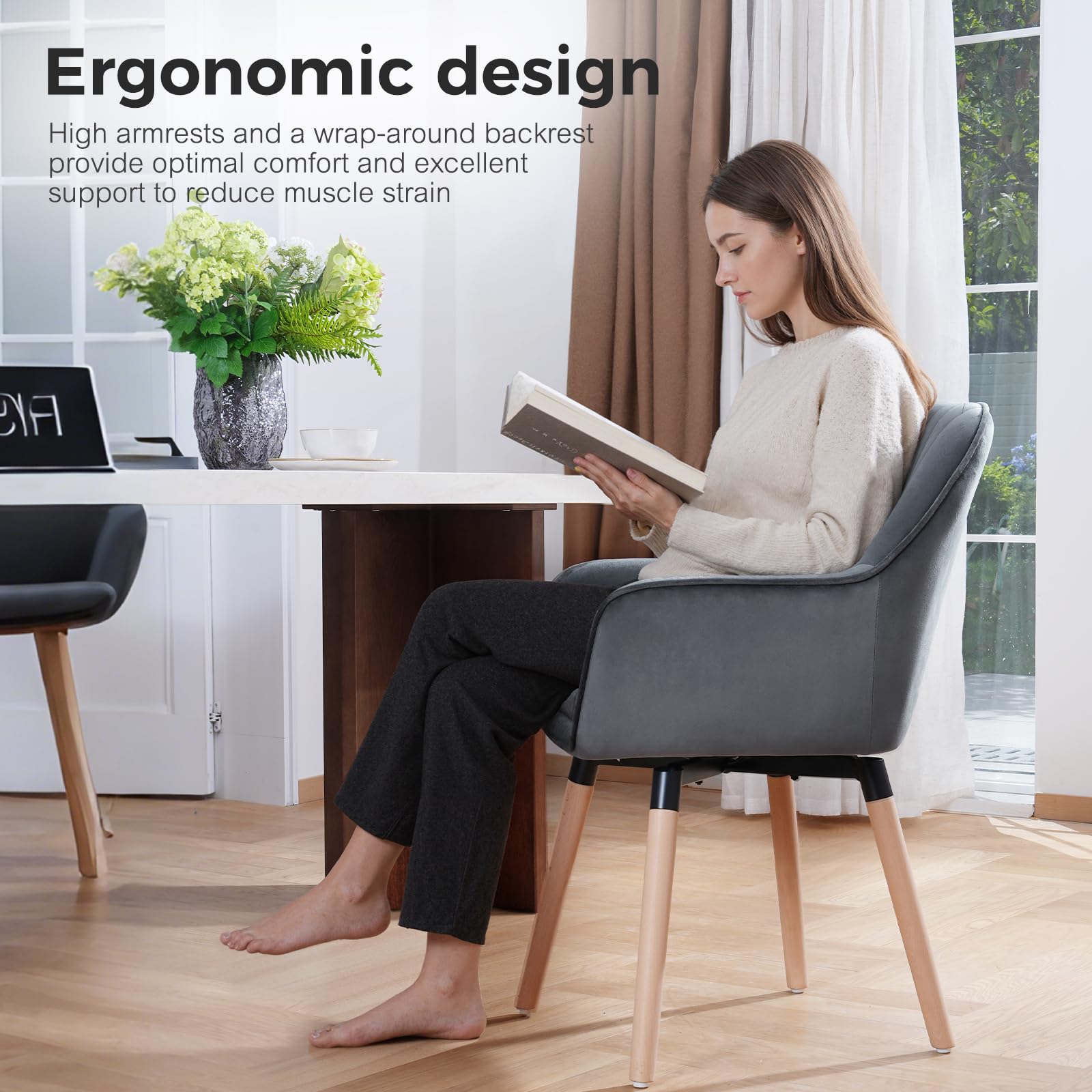 ELUCHANG Esszimmerstühle 2er Set, 360° Drehbar, 12cm Dicke Polsterung Stuhl mit Hohen Armlehnen, Grau Samt, bis 150 kg Belastbar, für Schlafzimmer Küche Wohnzimmer